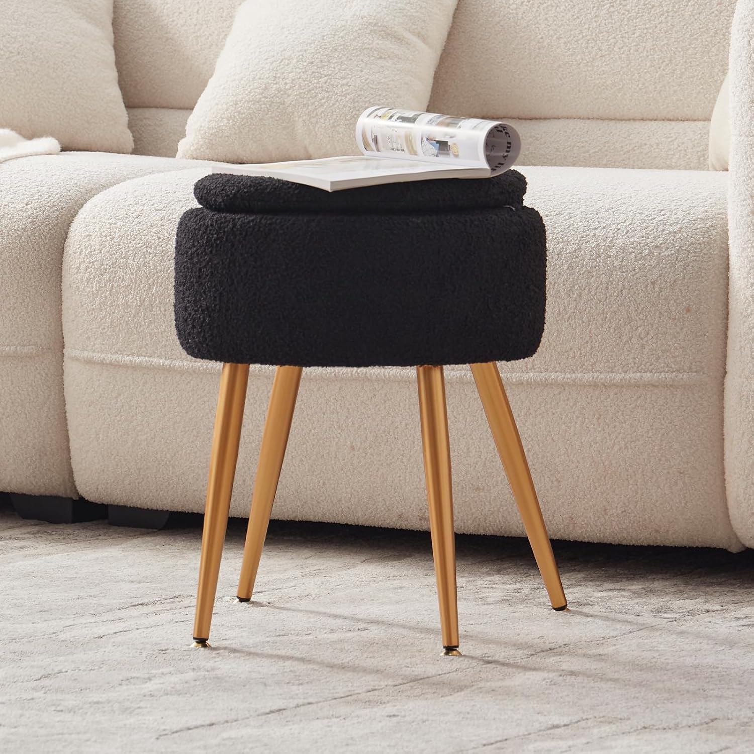 Small Vanity Stool Chair with Storage and Folding Back,4 Metal Legs with Anti-Slip Feet,Round Ottoman with Velvet Seat, Furry Padded Seat for Makeup, Bedroom (Black, Standard)
