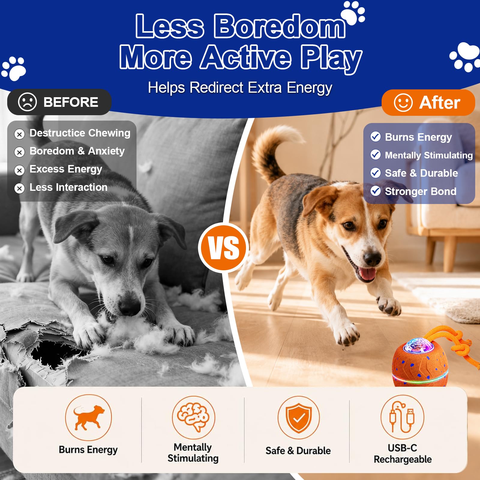 Palla giocattolo interattiva per cani, palla elettrica per cani con corda e urlo per cani, ricaricabile con USB-C e luce LED, giocattolo intelligente per cani con 3 modalità di gioco, adatto per cani