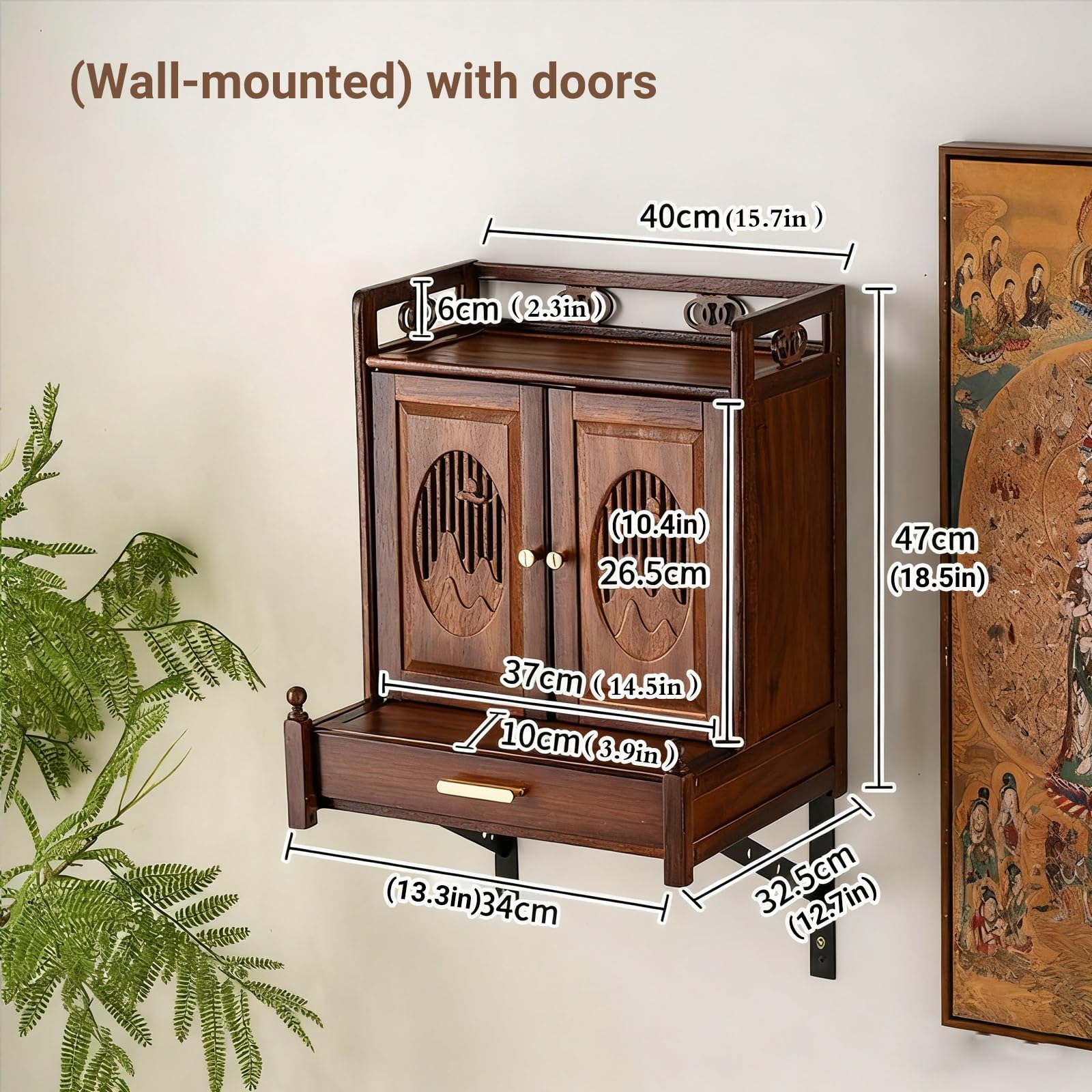 Półka na ołtarz Buddy z orzecha włoskiego z szufladą, stojak na kapliczkę do montażu na ścianie lub na blacie 1 szt(With Door,Wall-mounted)