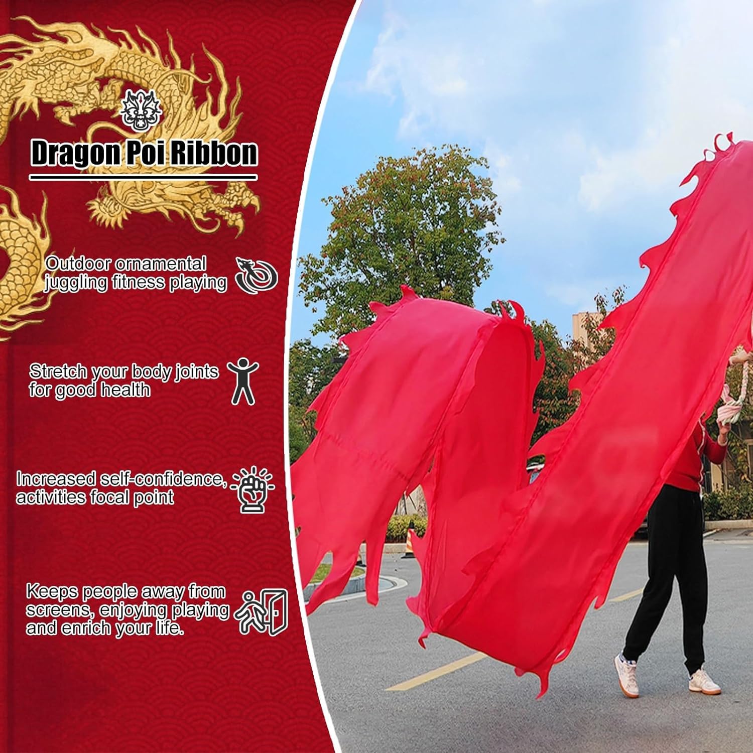 TFG - Ttfd Solid Colour Outdoor Dragon Dance Flag, Flies Like Silk, Dragon Dance Flag for Play, Sports & Fitness(Red,6m (20ft))