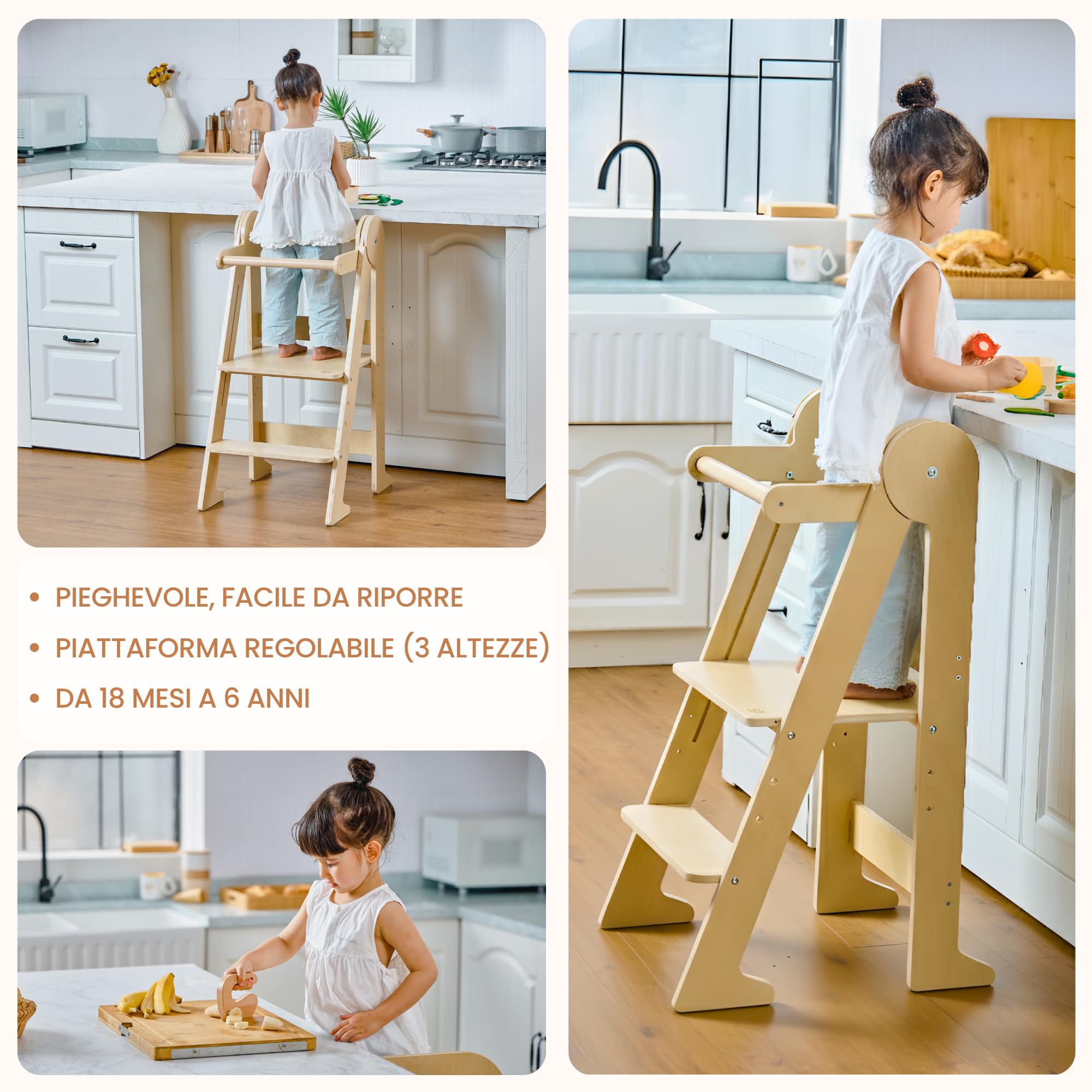 Montessori - Torre di osservazione pieghevole compatta e leggera, in legno di betulla resistente a 80 kg, 3 altezze regolabili, certificato CE e sicurezza anti-ribaltamento, autonomia e capacità