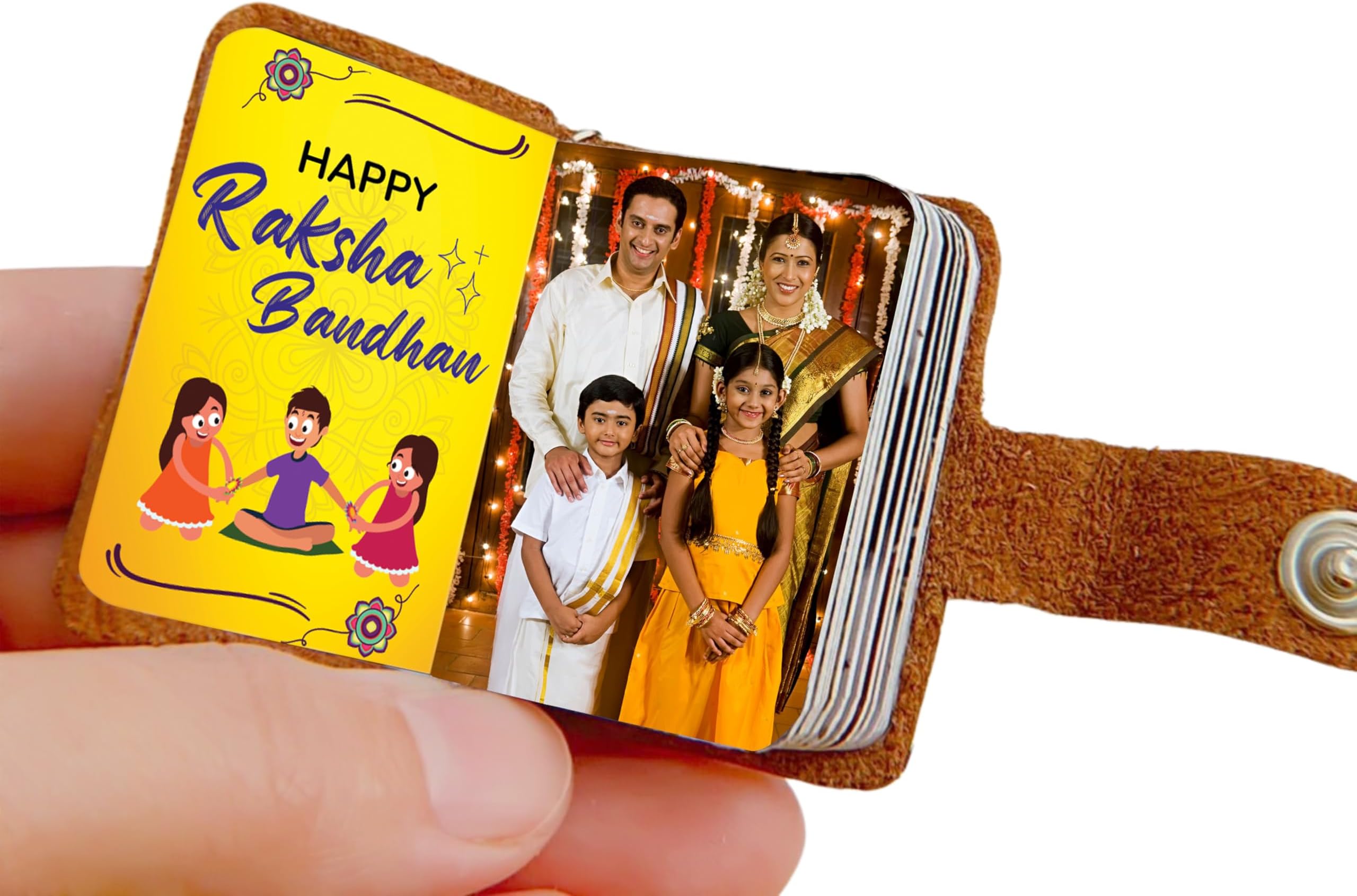 Flashing Click Leather Mini PhotoBook Keychain - Customize with 12-24 Photos & text, Best Gift for Raksha Bandhan, Birthdays, Anniversaries, and Cherished Moments