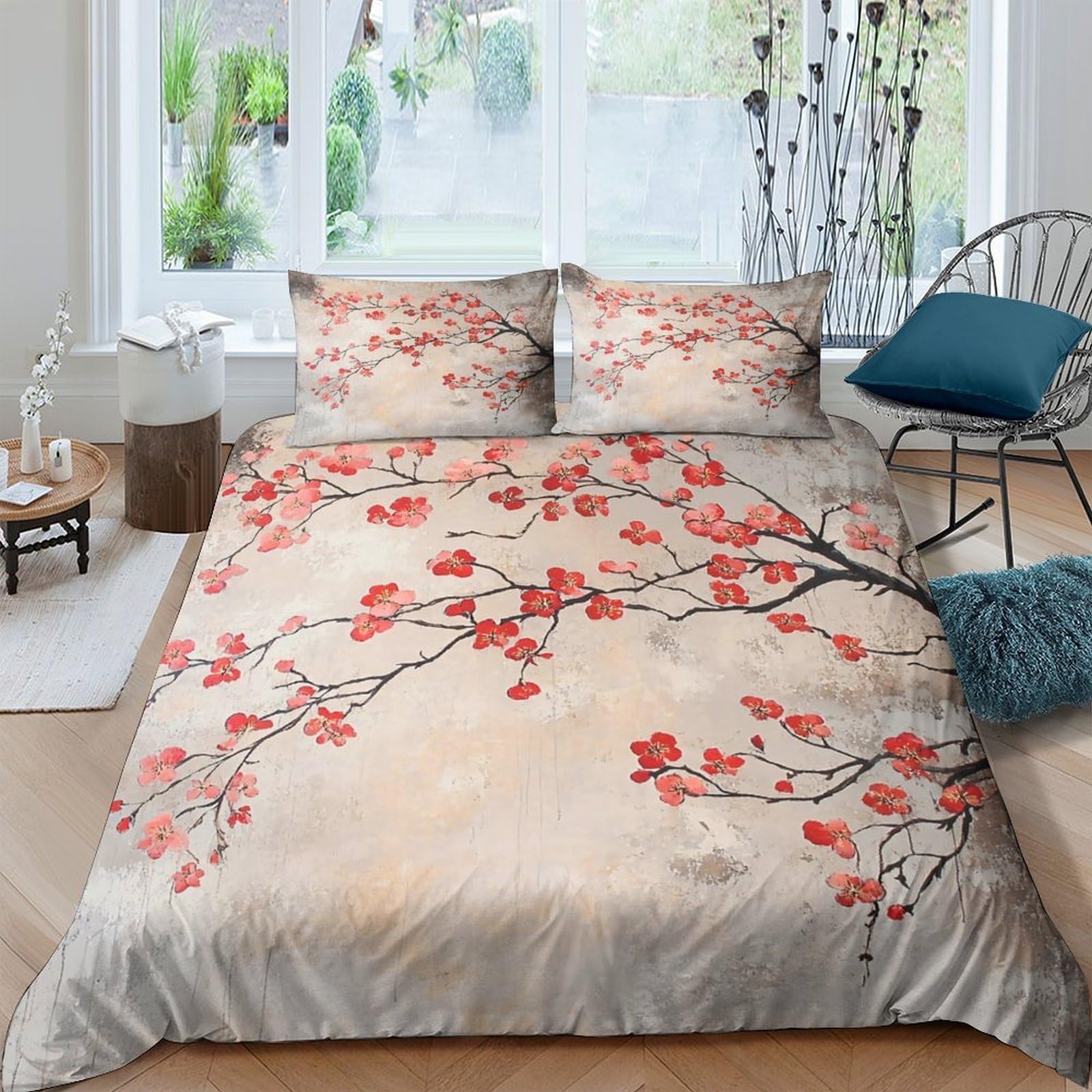 GPLZQXKJNH 3D Printed Sakura Blossom Duvet Cover Microfiber Soft Breathable Japanese Branch Bedding Set with 2 Pillowcases for Bedroom Decor Single（135x200cm）