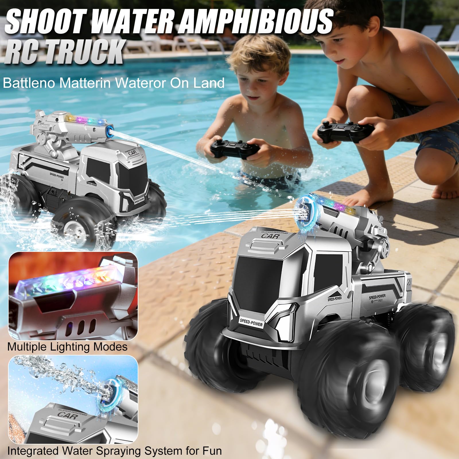 Coche Teledirigido Anfibio con Cañones de Agua, 2.4 GHz RC Coche Teledirigido 360° Rotación y Luces LED, Batería Doble Todoterreno Teledirigido 4x4 Regalo Niños 6 7 8 9 10 11 12 Años