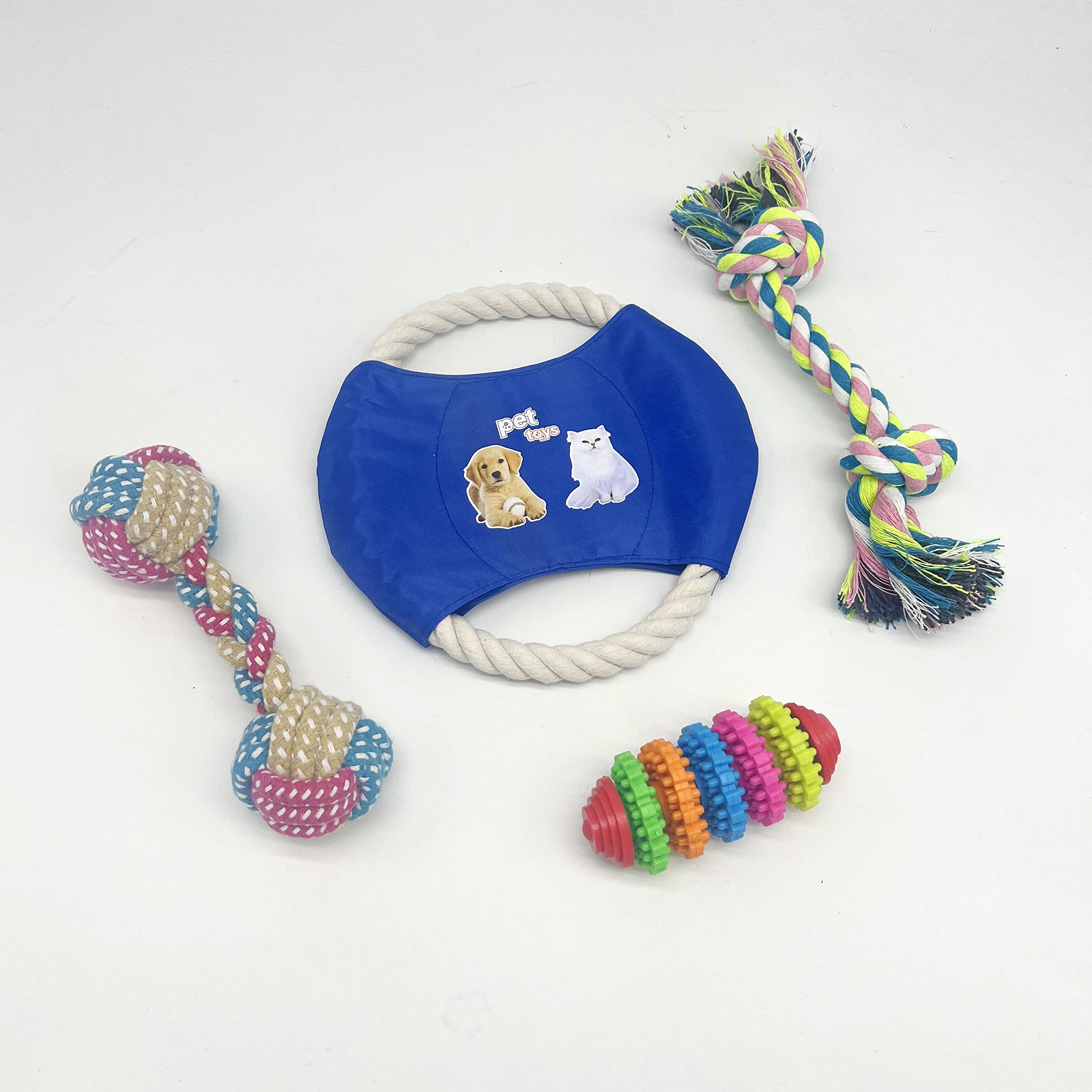 AZEST 4-Pack Vibrant Toy Set (Dumbbell, Flying Saucer, Teething Toy and cotton rope) for Dogs and Cats - Ideal for Teething Chewers! Non-Toxic, Washable, Entertainment for Your Furry Friend.
