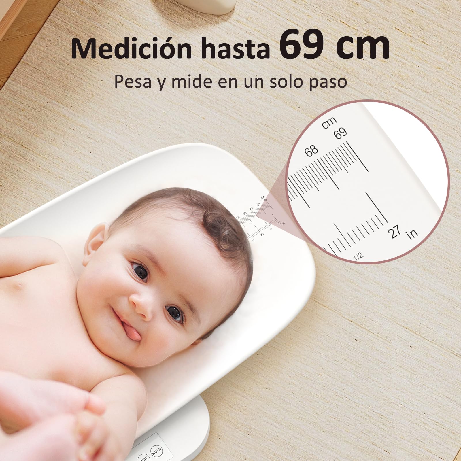 Grownsy Báscula Bebé Digital con Plataforma Extraíble, Máx. 150 kg, 5 Modos de Pesaje, LED Báscula para Mascotas con Función de Retención, Báscula para Adultos, Medición de Altura Hasta 70 cm