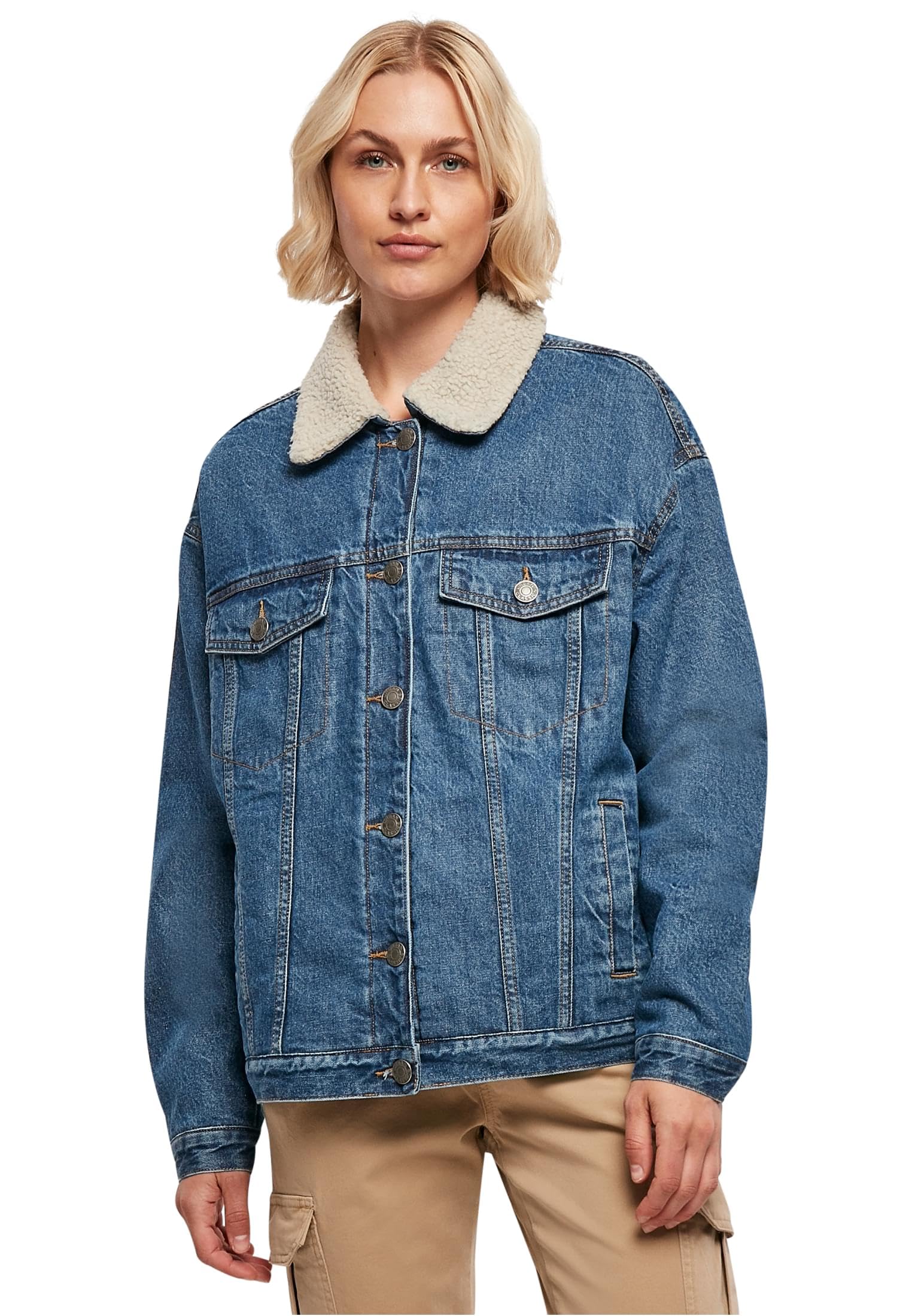 Urban Classics Damen Oversized Sherpa Denim Jacket | Denim Jacket mit Sherpa-Futter in Light Blue Washed