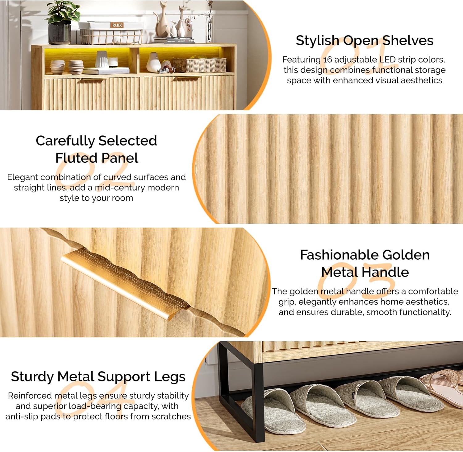 Bonnlo Shoe Cabinet with 4 Flip Drawers, Mid-Century Modern Design, Space-Saving Hidden Shoe Storage with LED for Hallway Organization (Oak)