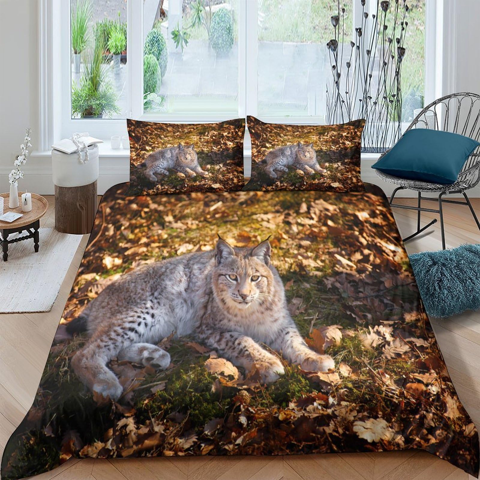 Ctjqhvkz Style-5 3D Printed Forest Lynx Fitted Sheet Microfiber Soft Autumn Leaves Bed Cover For Bedroom Guest Room Mattress Decor Single（135X200cm）