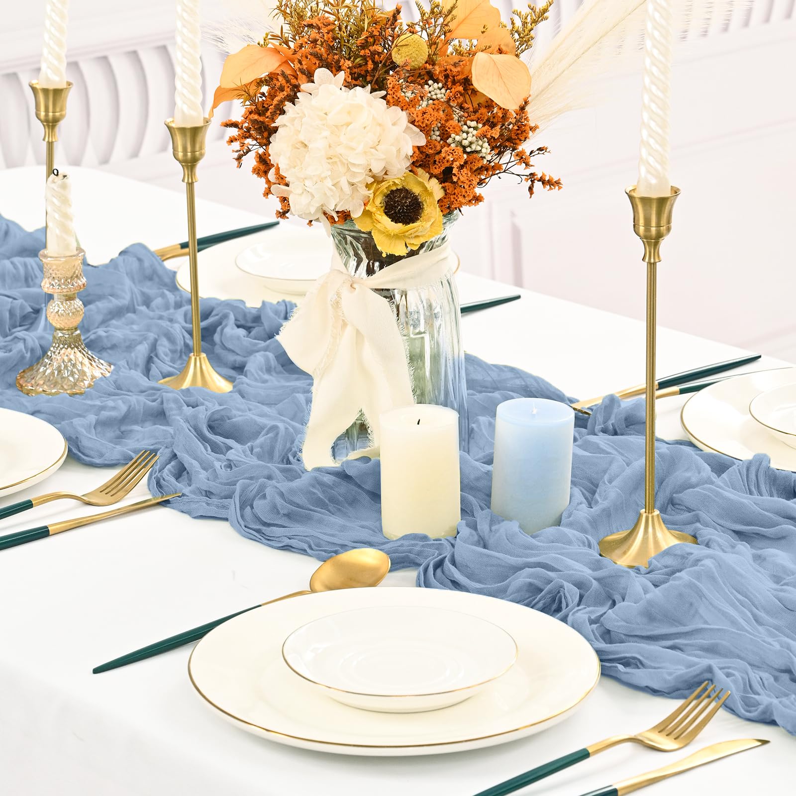 16 Pack Dusty Blue Cheesecloth Table Runner ,10ft Long Rustic Gauze Boho Table Runners for Wedding,Bridal Shower,Party,Banquet Decoration-21.5 x 120 Inch - Image 4