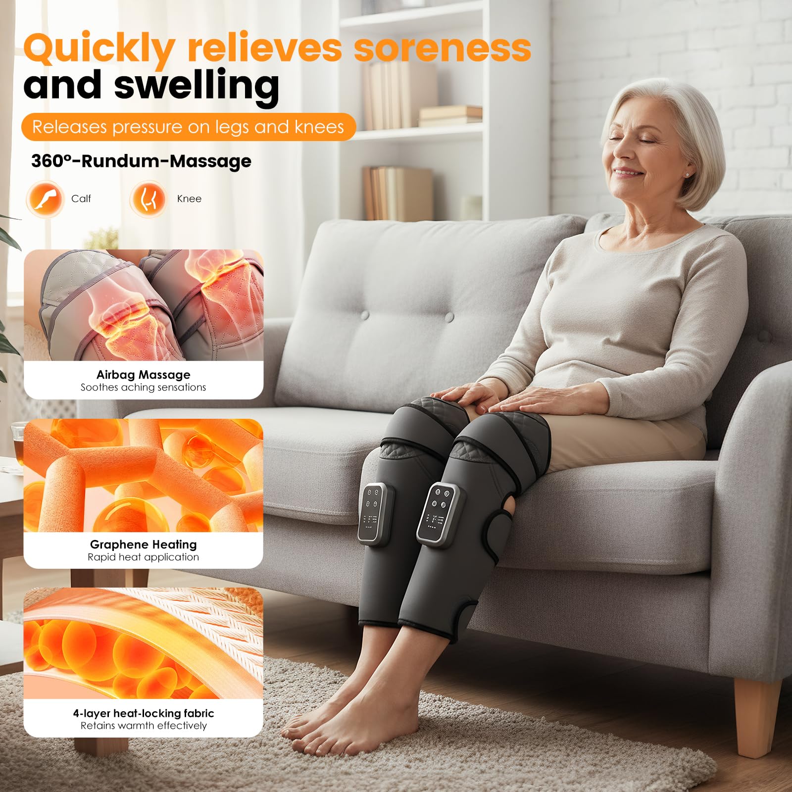 Beinmassagegerät mit Wärme, 2-in-1 Knie und Waden Massager mit Luftkompression, 3 Modi 3 Intensitäten, Kabellos für Zuhause Büro Reise