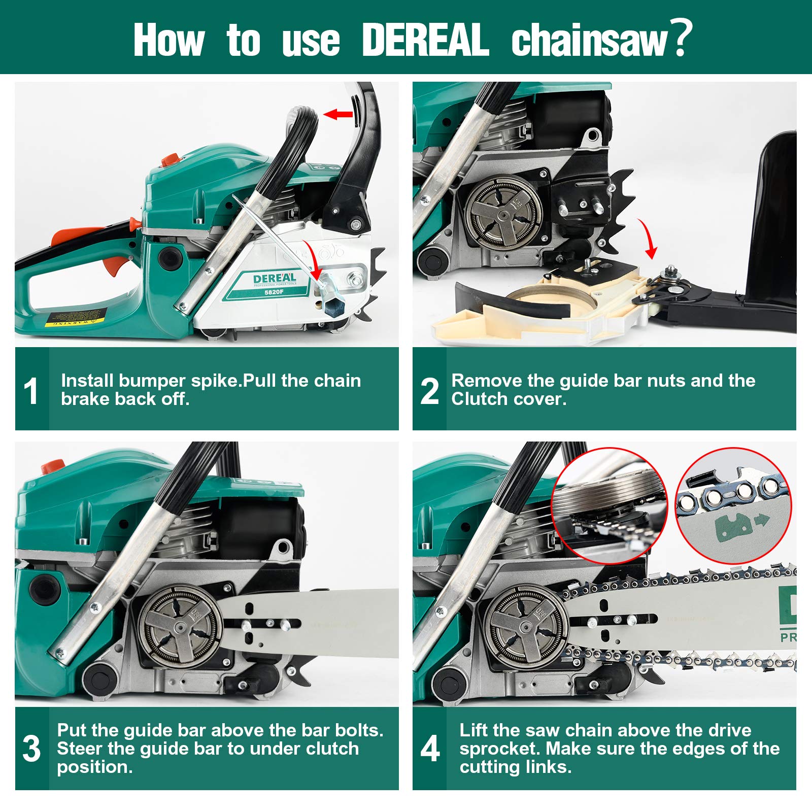 DEREAL 58cc-Gas-Chainsaw 2 Cycle Gasoline Powered Chain Saws Handheld