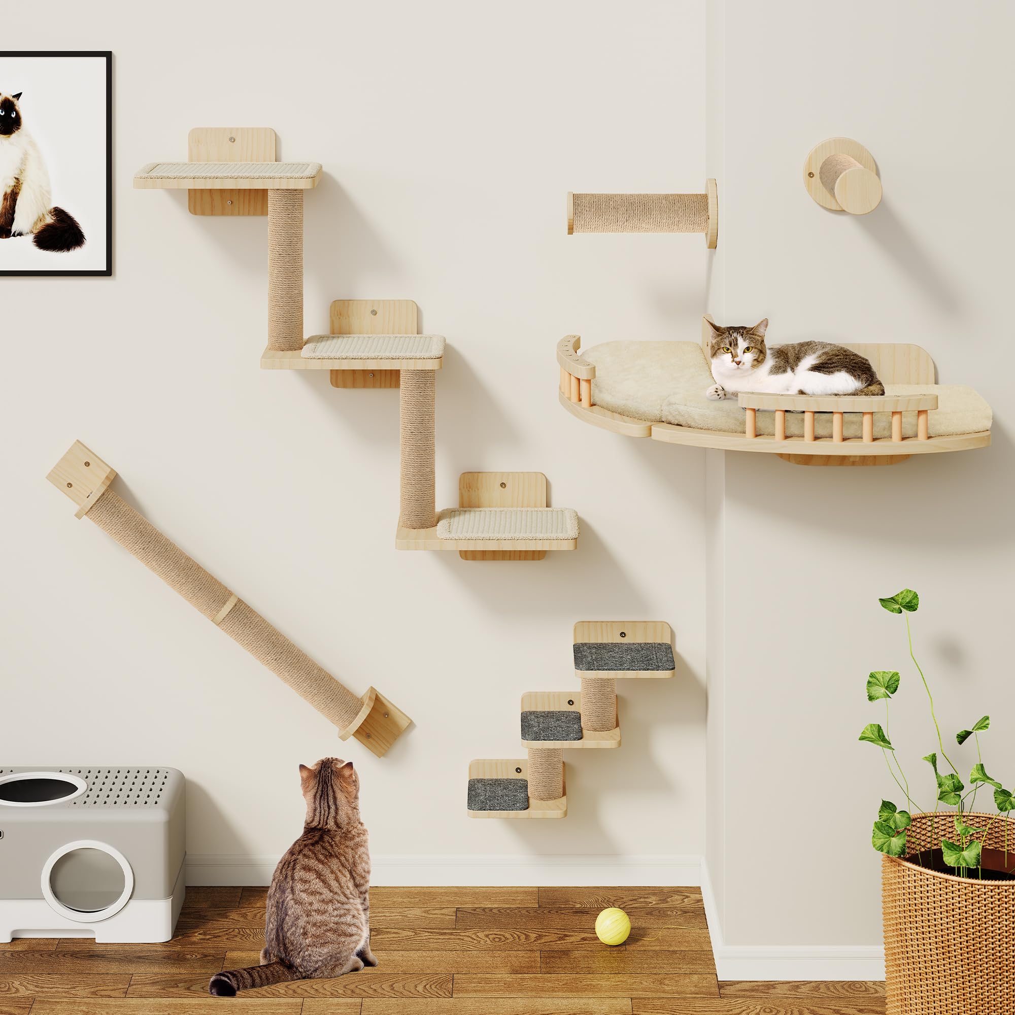 YITAHOME Set di 7 mobili per gatti in legno, con 3 tiragraffi, 2 piattaforme angolari, 2 scale per gatti, per dormire, giocare, lounge