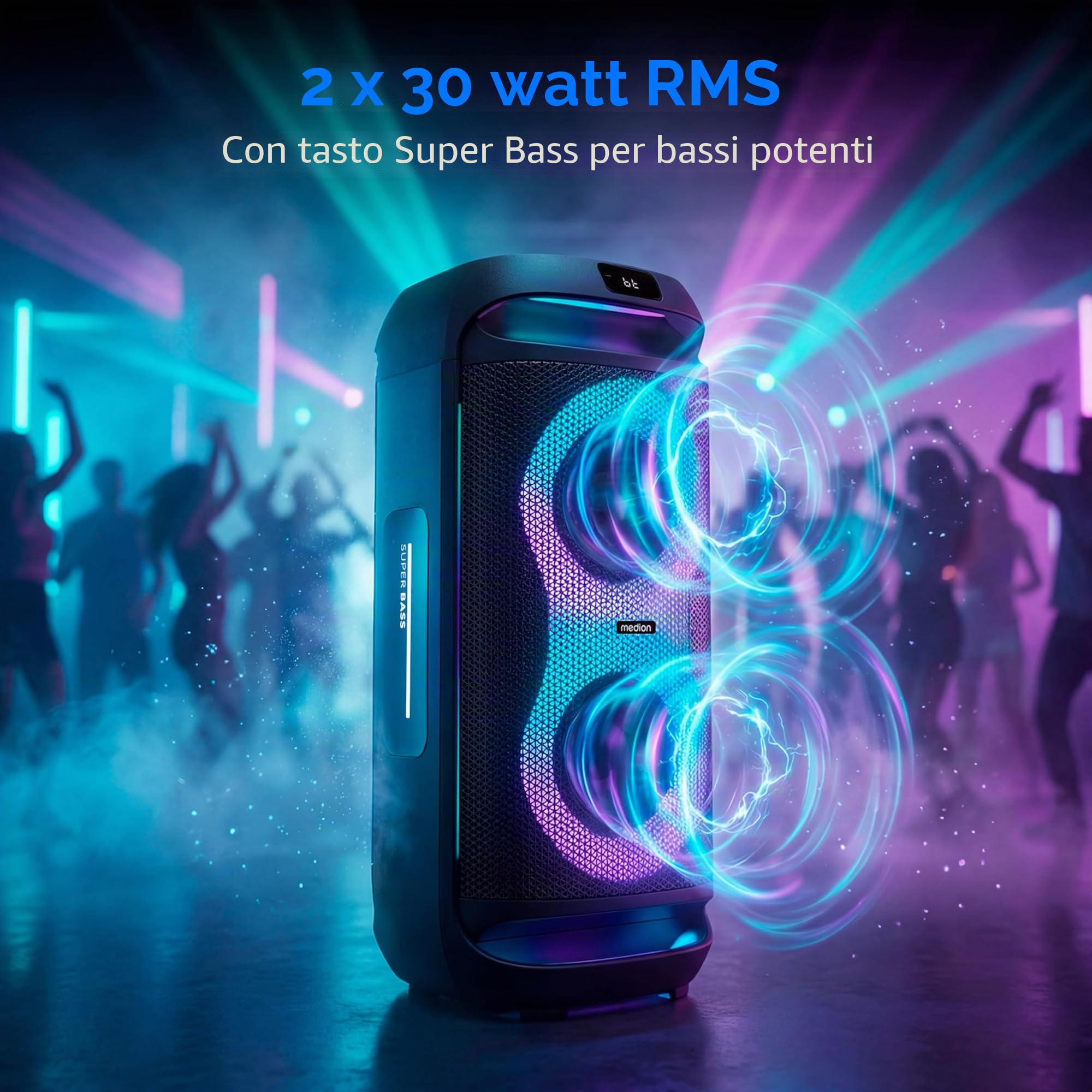 MEDION PE-2 Plus Partybox a batteria con microfono - cassa grande | Altoparlante party karaoke, effetti luce, ingressi microfono e chitarra, Bluetooth portatile, AUX, USB