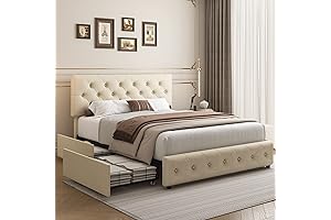Queen Size Upholstered Bed Frame with Tufted Headboard and 4 Drawers - aihomstyle