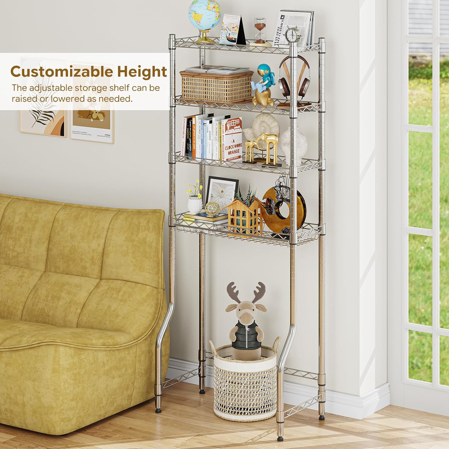 4-Tier Over The Toilet Storage, Metal Bathroom Shelf with Adjustable Shelves & Basket, Space-Saving Above Toilet Organizer, Chrome