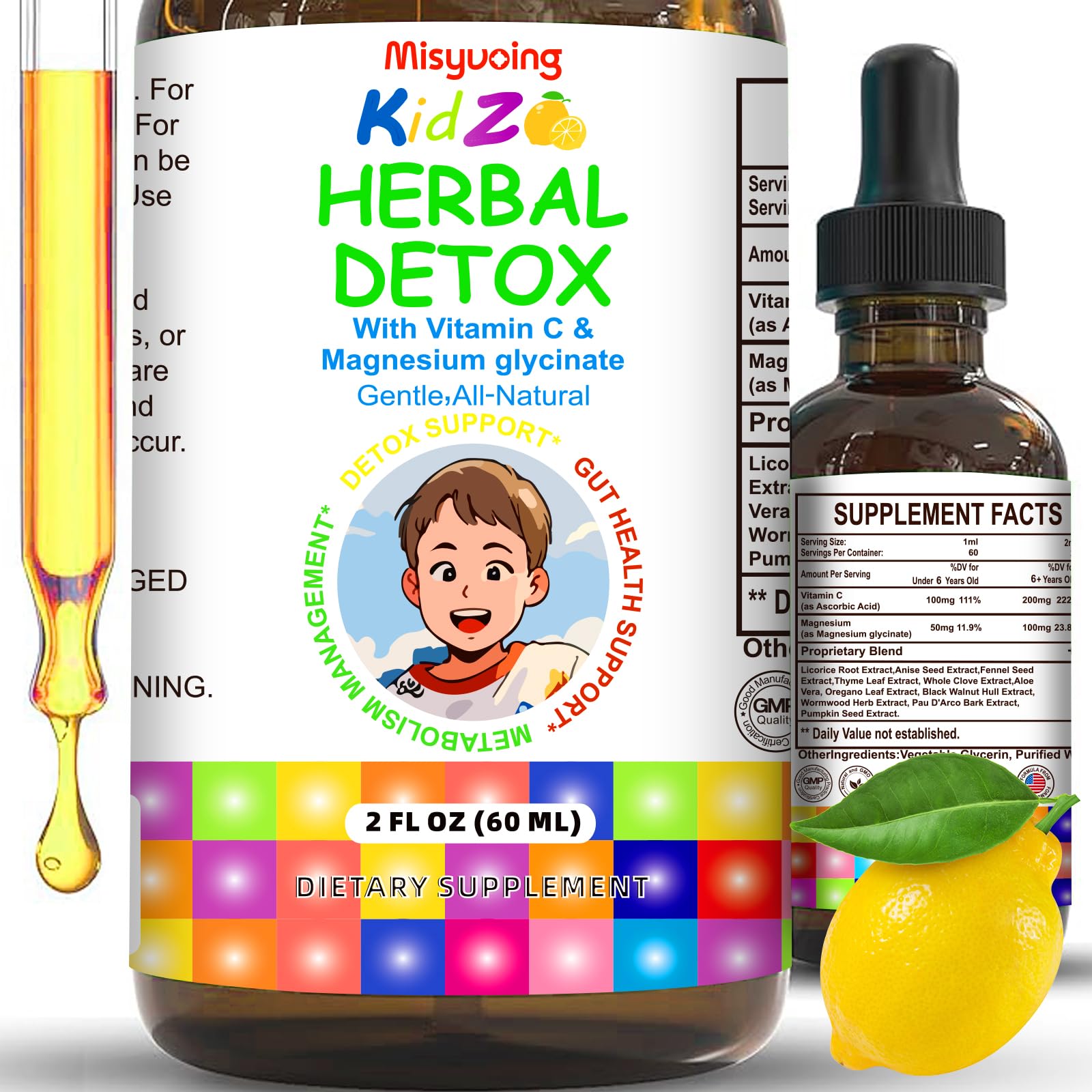 Misyvoing suplemento líquido de ervas com vitamina C e glicinato de magnésio, sabor limão, 60 mL