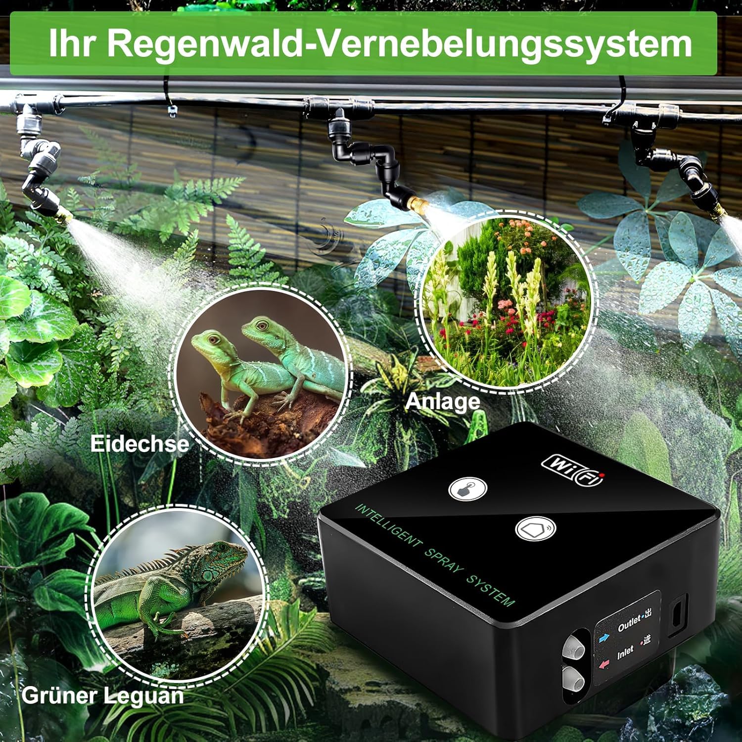 Humidificador de terrario, sistema inteligente de reptiles con boquillas de pulverización ajustables de 360°, temporizador y mando a distancia para teléfono móvil, funcionamiento automático