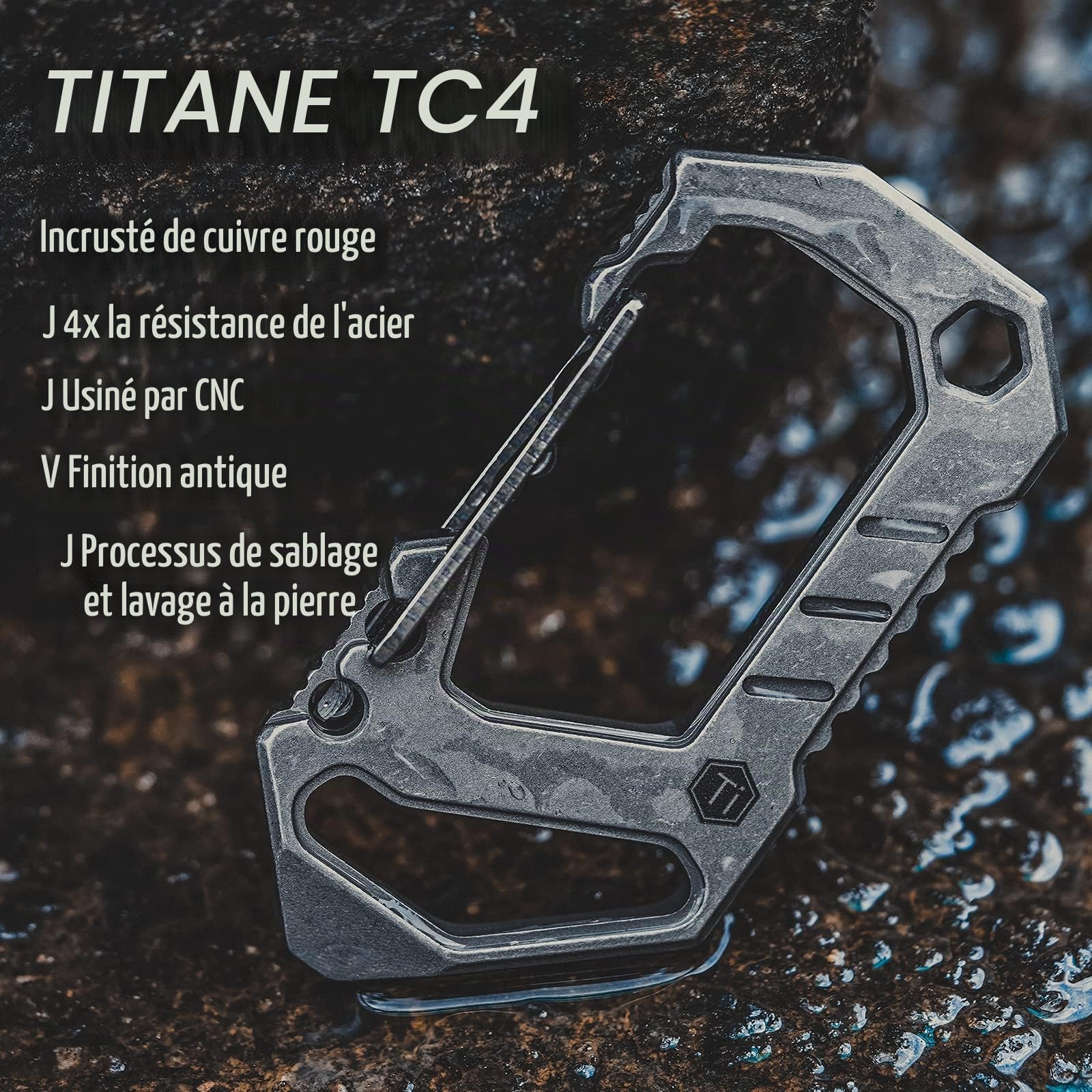 KeyUnity KU03 Titane EDC 6 en 1 Mousqueton Multi-Outils à DéGagement Rapide, Mousqueton Porte Clé, Outil Multifonction, Porte-CléS, Tournevis, Tournevis à Fente, Ouvre-Bouteille, Barre De Levier