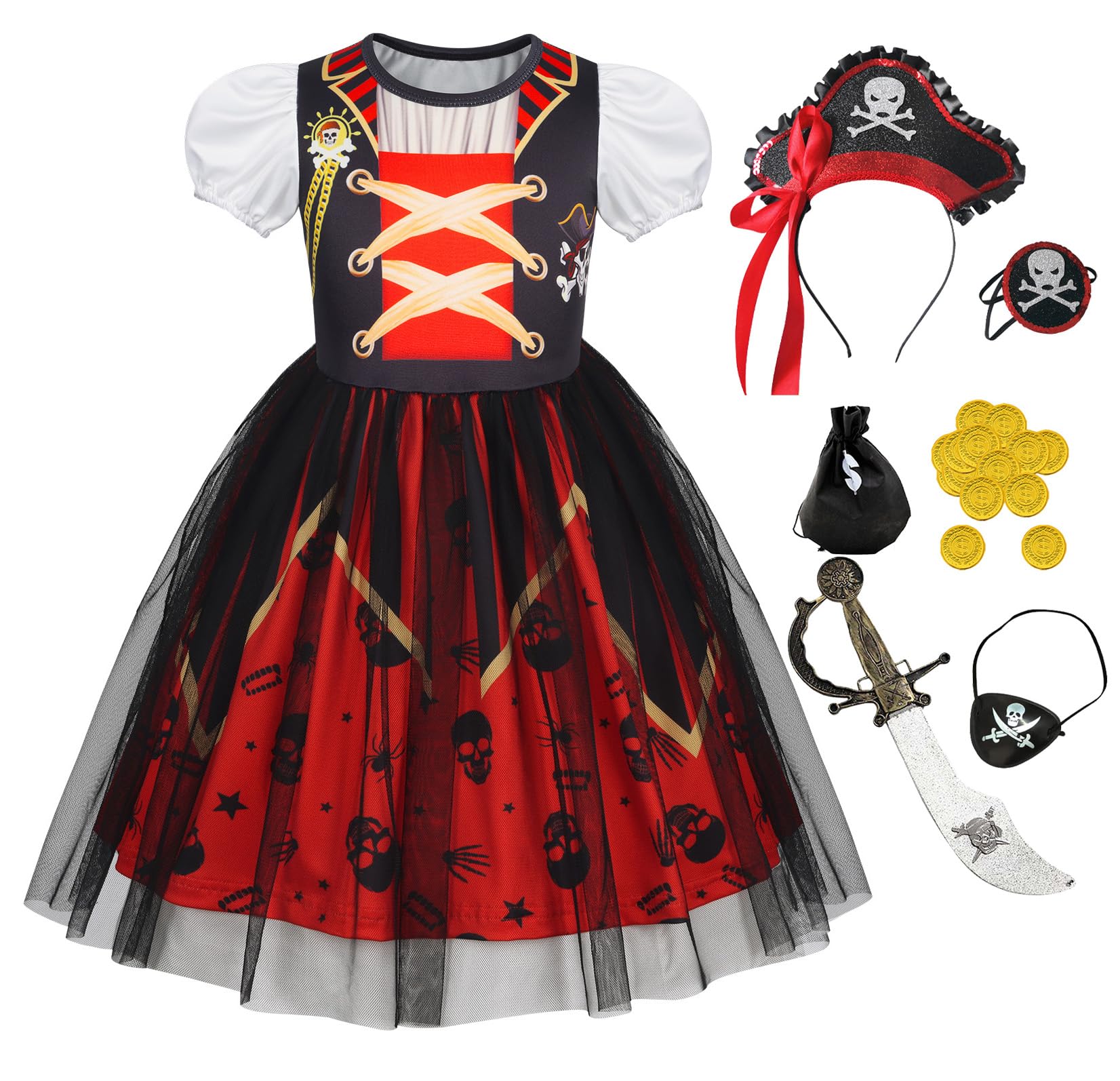 Berich Pirate Costume Girls Dress Up Halloween Therm Party Outfit Princess Fancy Dress Pirate World Book Day Costumes for Girls 9-10 Years(Red,150)