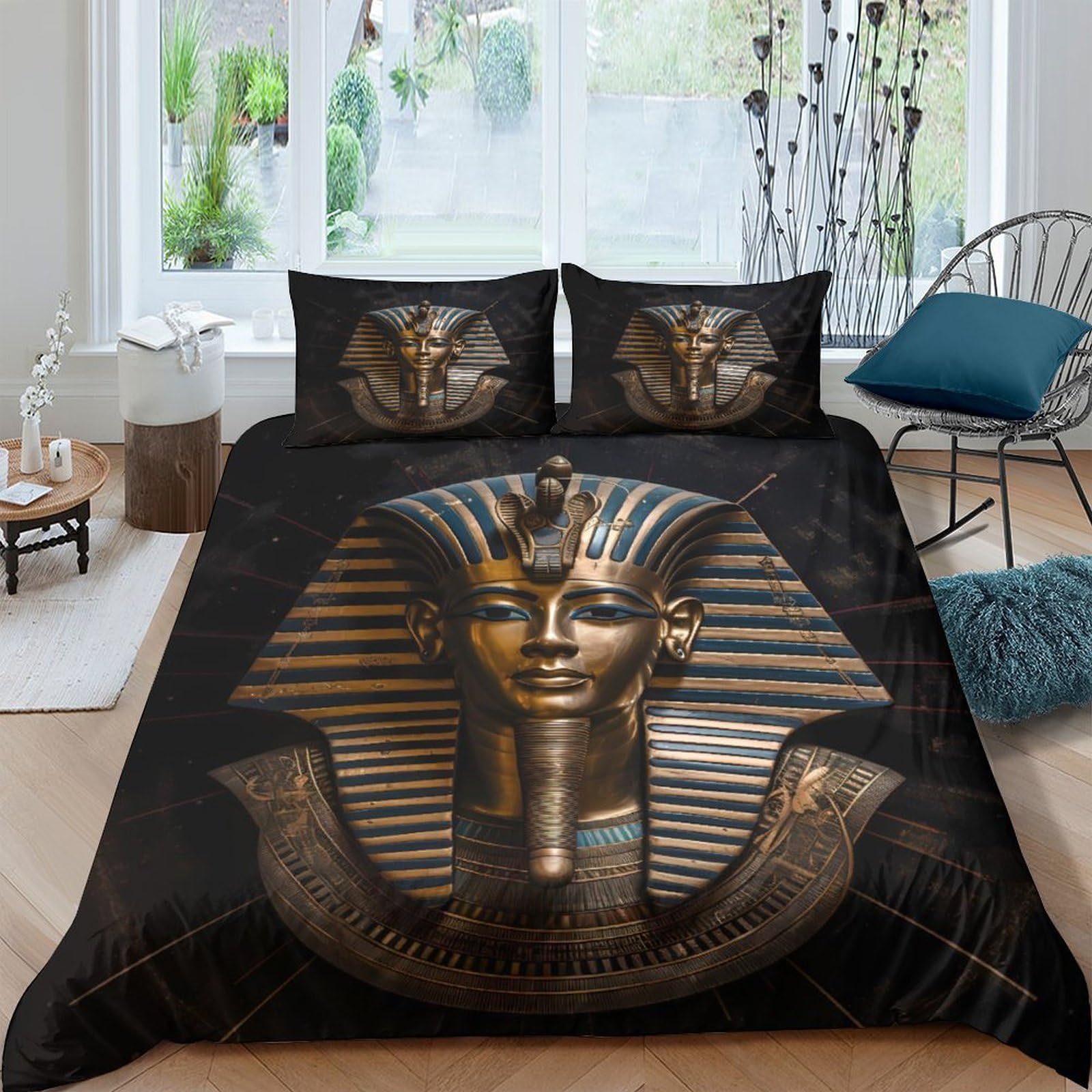 Ctjqhvkz Style-1 3D Printed Pharaoh Mask Fitted Sheet Microfiber Soft Black Gold Egyptian Sphinx Bed Cover For Bedroom Guest Room Decor Single（135X200cm）