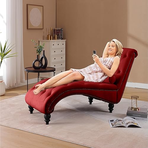 Moderna tumbona de terciopelo para interiores con ribete de cabeza de clavo, sillón sin brazos con botones para interior con almohada lumbar y 4