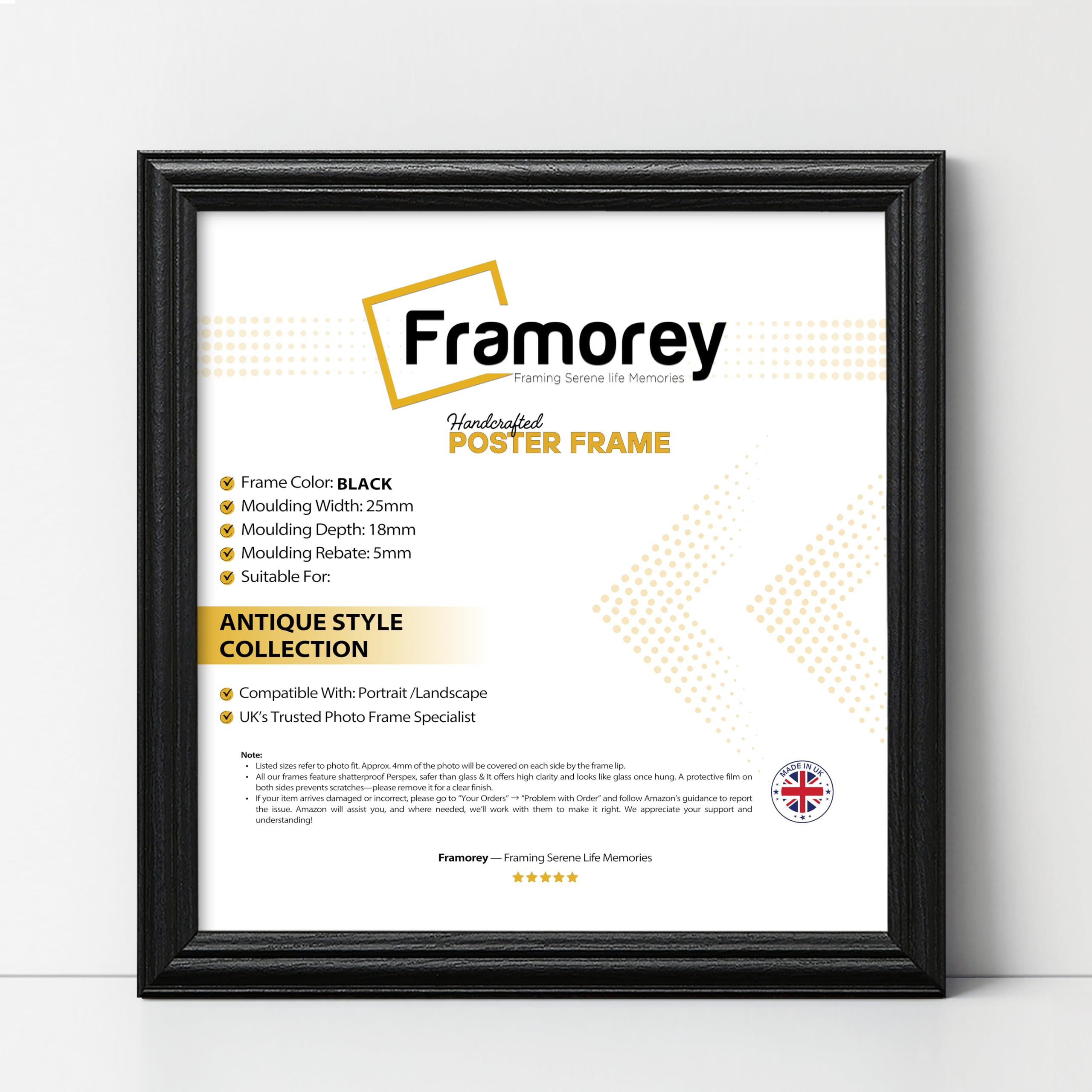 Framorey Framing Serene Life Memories Black Framorey Square Picture Frame, 35X35cm Size Photo Frames, Lw Antique Poster Frame, Wall Hanging Oxford Frames, Premium Wooden Effect Frame