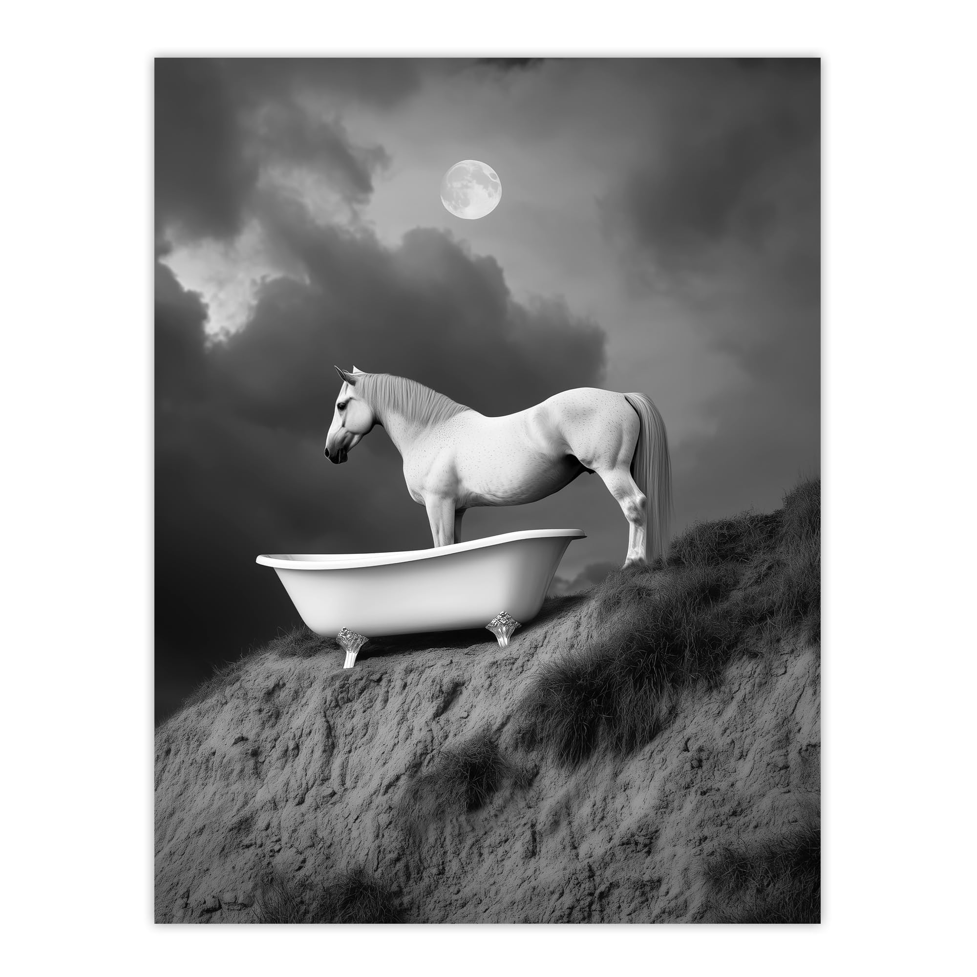 Artery8 Horse Bathtub Full Moon Cliff Surreal Black White Living Room Extra Large XL Wall Art Poster Print