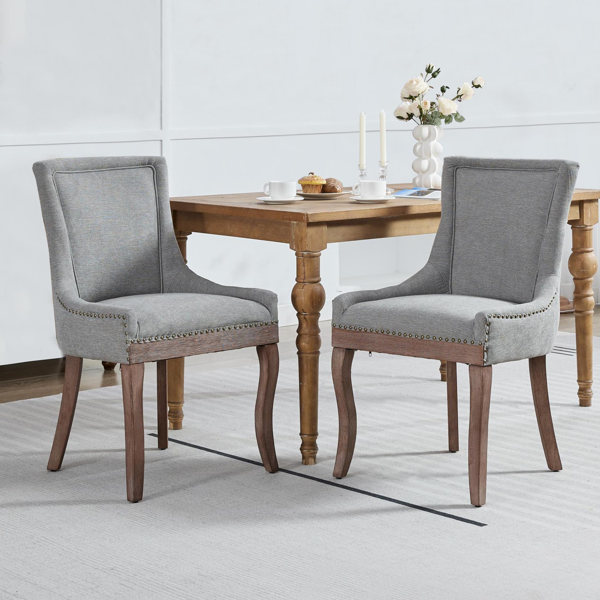 SEEDWAVE Chenille Esszimmerstühle 2er Set – Küchenstuhl mit Massivholzbeinen, verstellbaren Fußpads, Nieten-Design – Vintage Industrial Chic