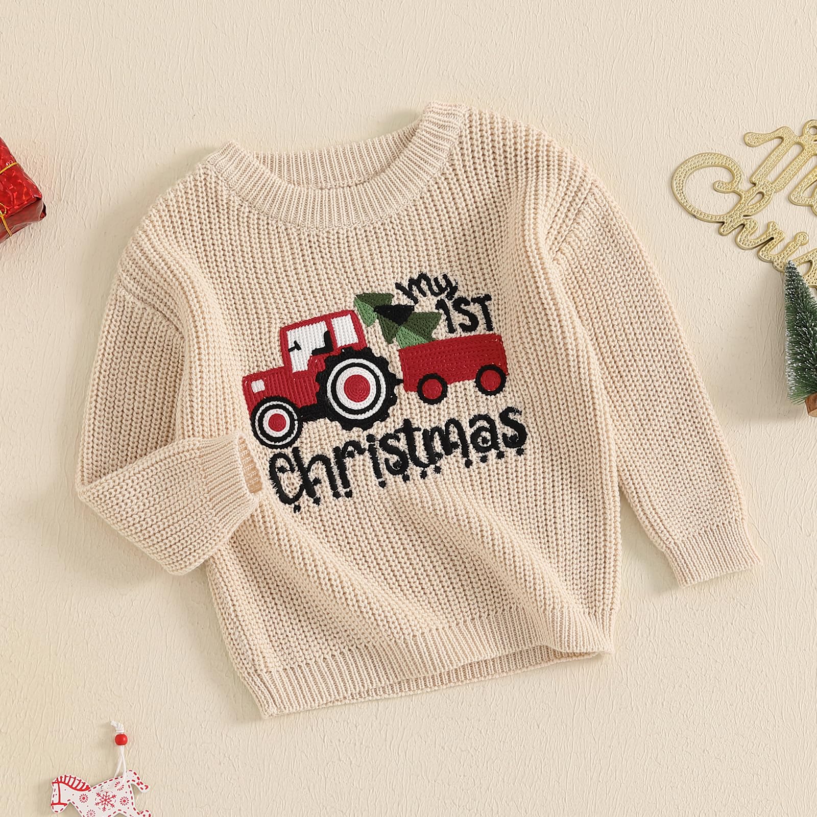 Baby Jungen Mädchen Weihnachten Pullover Christmas Stickerei Pullover Baby Unisex Weihnachtspulli Langarm Rundhalsausschnitt Buchstabenstickerei Weihnachten Strickpullover