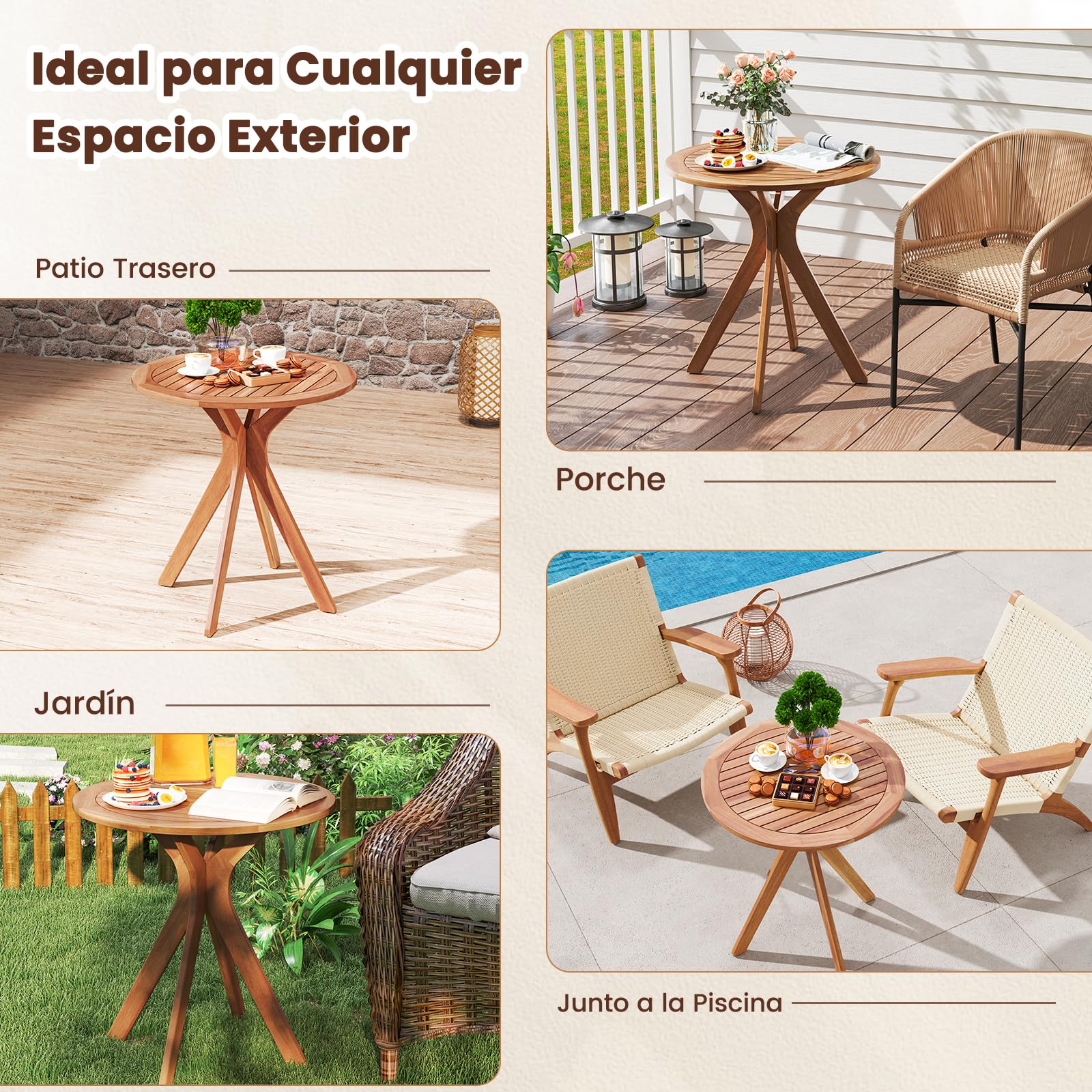 COSTWAY Mesa Auxiliar de Madera para Patio, Mesa de Jardín Redonda de 70 cm con Base de X, Mesa Auxiliar de Café para Jardín, Patio, Sala de Estar