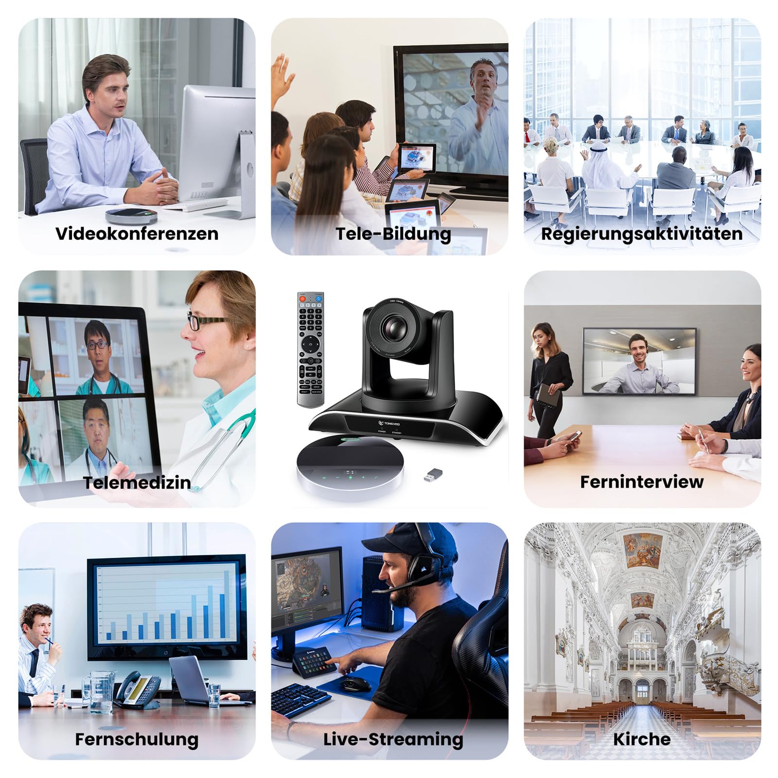 TONGVEO Telecamera per sala conferenze all-in-1 e combinazione di microfono Bluetooth, 1080P 60 fps, zoom ottico 3x, USB 3.0 HDMI, telecamera PTZ e vivavoce per conferenze con microfoni