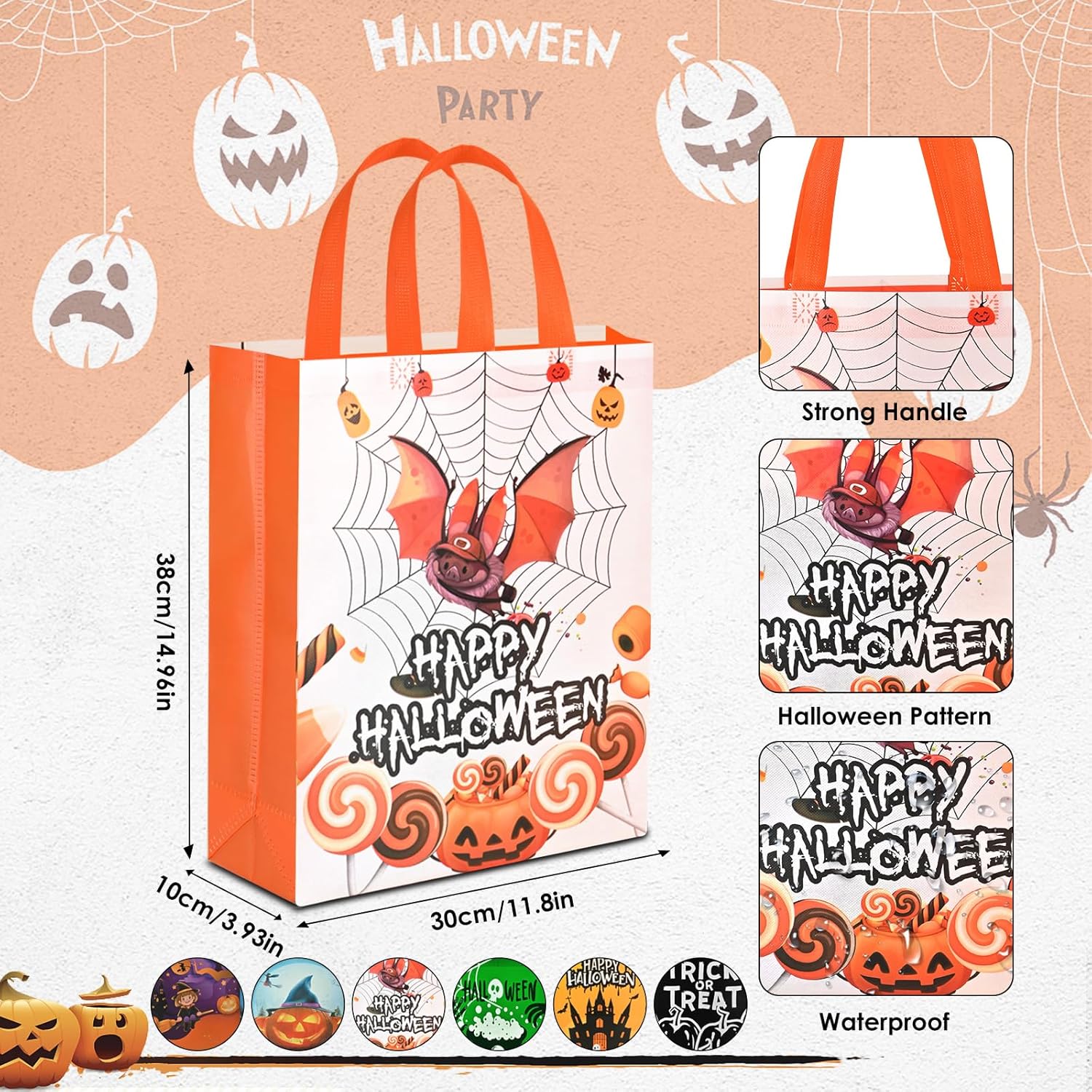 AhfuLife 12 Pcs Halloween Trick or Treat Bags, Large Tote Bags with Handles, Reusable Non-Woven Candy Bag for Halloween Party Supplies Favors (15''×11.8''×3.9’’) - Image 2
