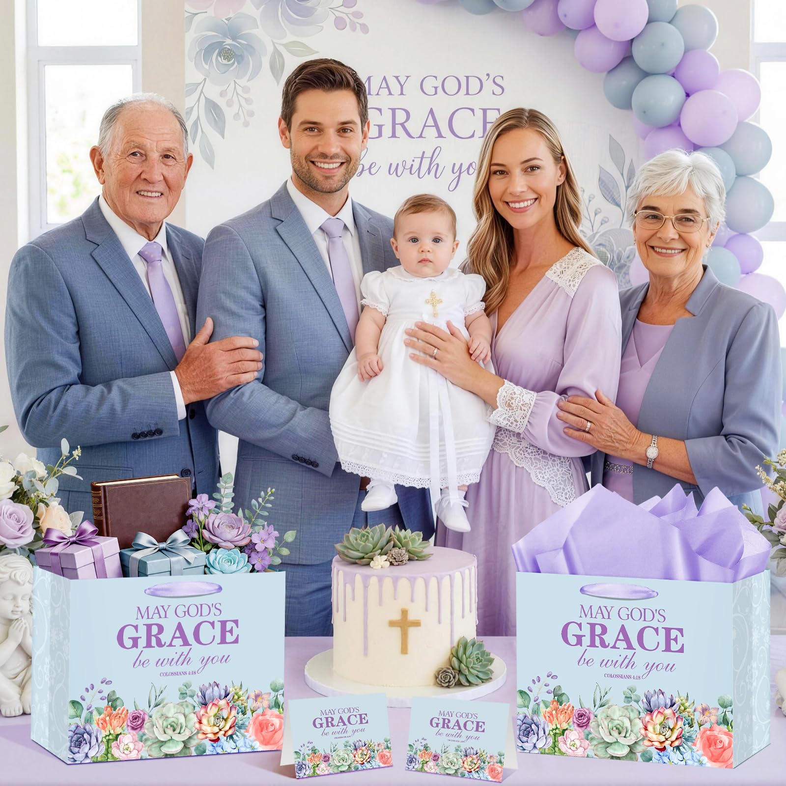 Christian Art Gifts Bag with Card & Purple Tissue Papers,Scripture Gift Bag,May God's Grace Be With You Scripture Gift Bag with Bible Verse for Mother's Day,Baptism,Wedding,Christian Goodie Treat Bag