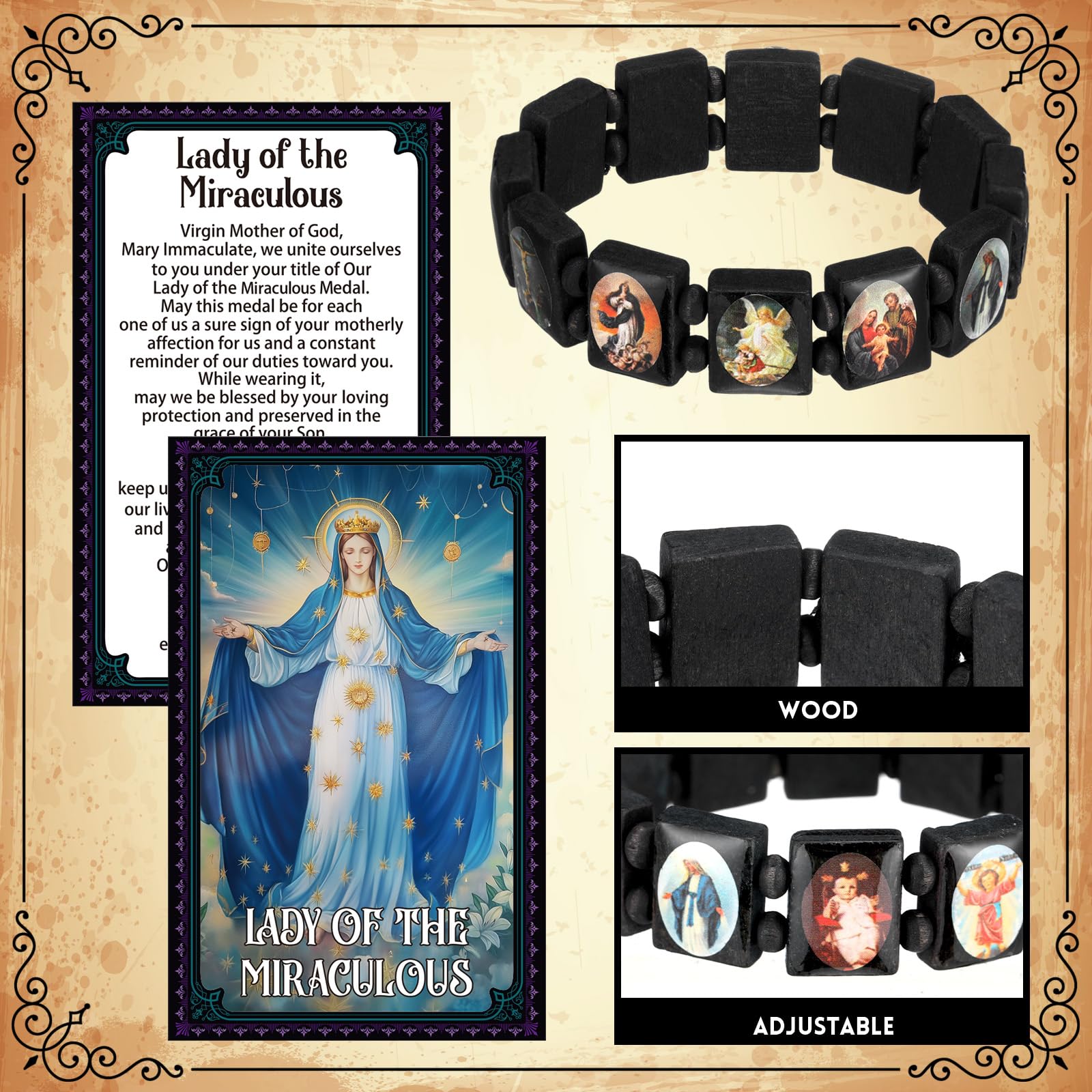 Huquary Catholic Gifts Set Catholic Saint Prayer Cards Holy Rosary Bracelets Devotional Wood with Bags Religious First Communion Baptisms Easter Gift Bulk for Christian Party Favor