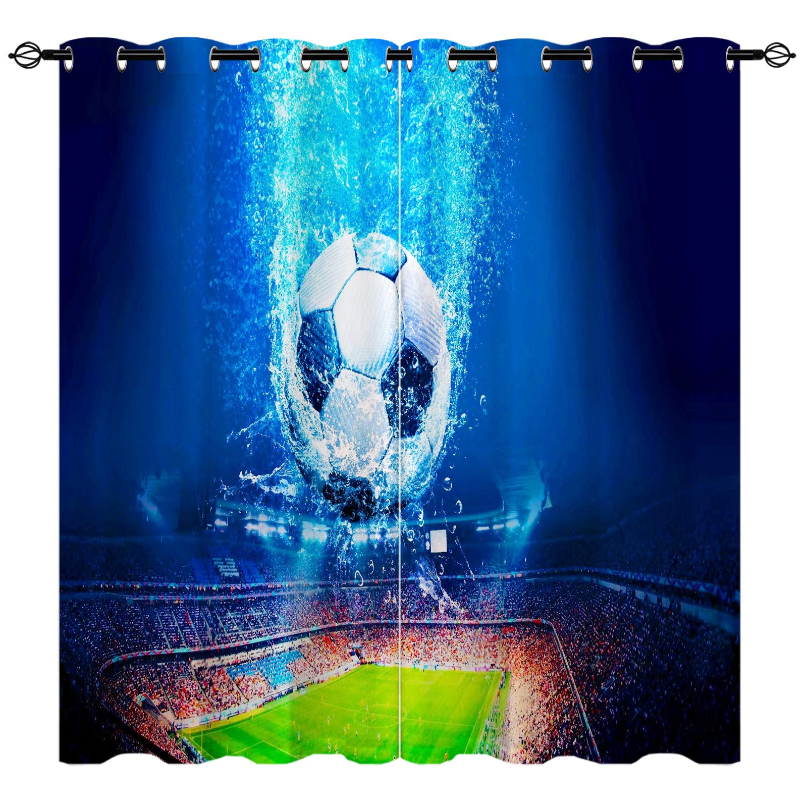 YUANZU Football Theme Curtains, Blue Sea Bottom Soccer Sports Field 3D Patterns Eyelet Thermal Insulated Printed Curtains for Kids Bedroom Playroom, Set of 2 Panels W117cm (46") x D183cm (72")