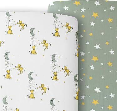 JumpOff Jo - 2 Pack Fitted Crib Sheet, Super Soft Breathable 100% Cotton Baby Crib Sheet for Standard Crib Mattresses and Toddler Beds, 28 in. x 52 in. - Lions & Stars