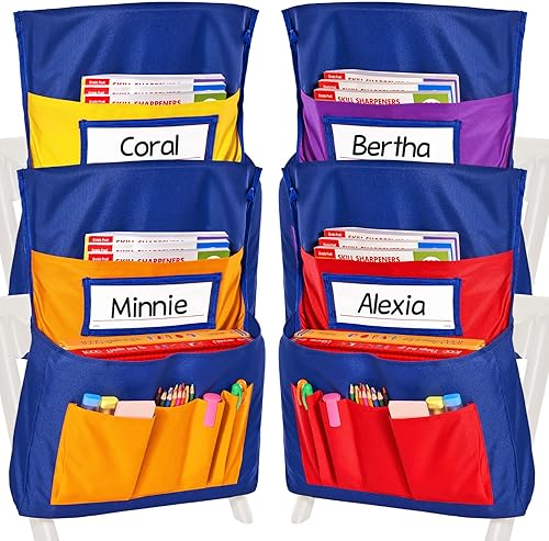 JoyCat Bolsillos para sillas de estudiantes para aulas con etiquetas de nombre, fundas de almacenamiento de asiento escolar, tabla de bolsillo para