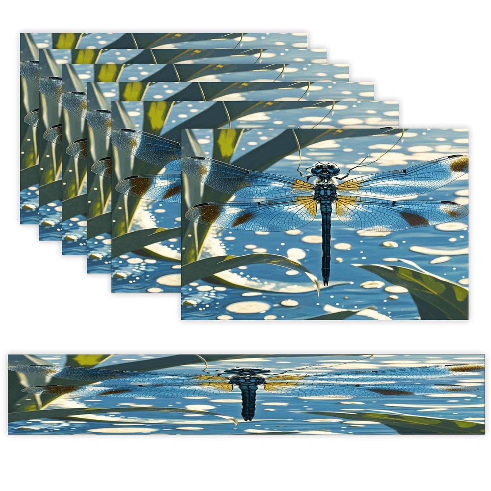 Blue Dragonfly Placemats Set of 7 Exquisite Linen Table Mat Seven Piece Set Includes 13"x71" Fashion Table Runner and 12"x18" Place Mat Decor for Kitchen Dining Room