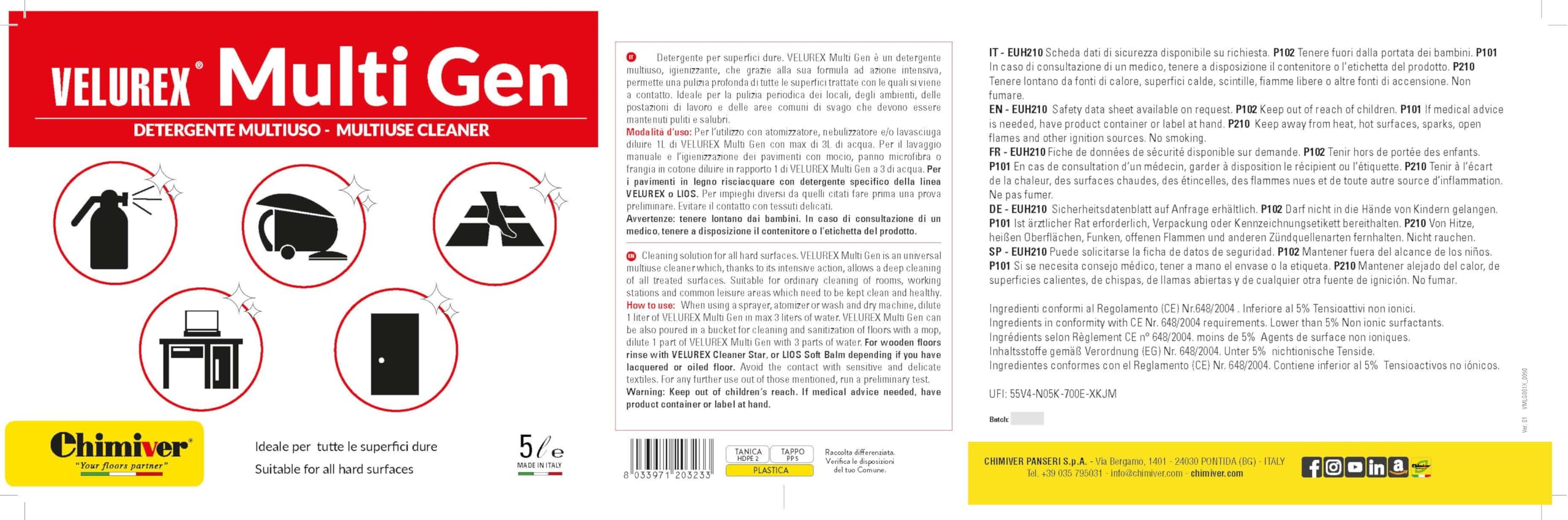 Chimiver Detergente Multiuso per superfici MULTI GEN 5L | Detergente Multiuso ad azione intensiva per superfici dure di casa o ufficio. Tanica/Ricarica da 5 L