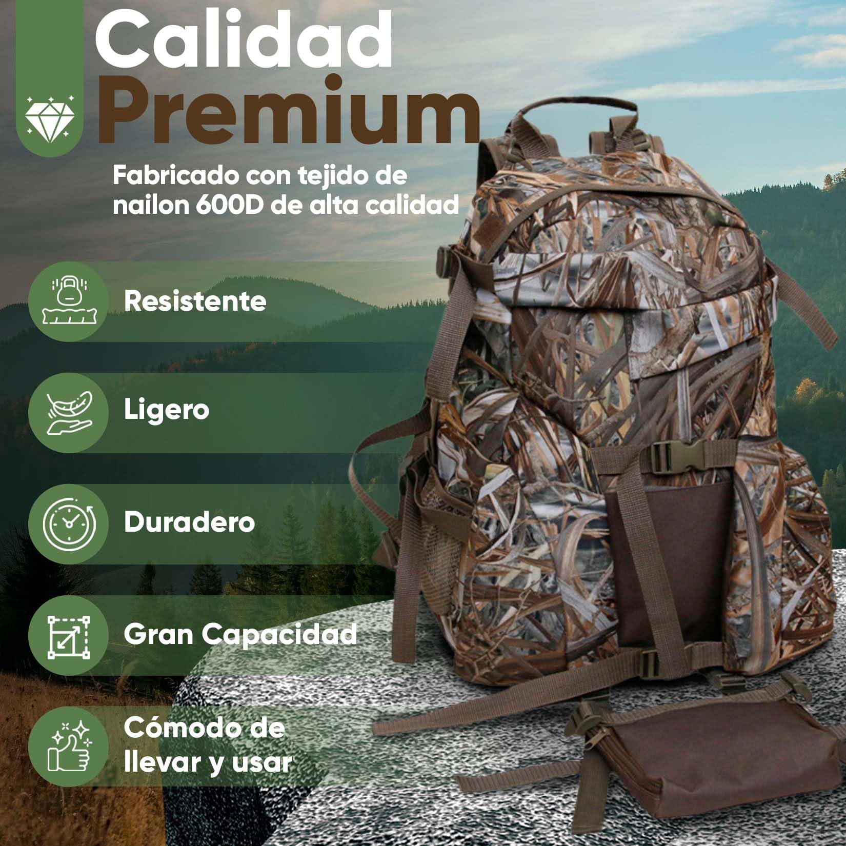 Mochila de Caza- Mochila para Caza con Porta Arma Incluido -Bolsa de caza con Gran Capacidad y múltiples Bolsillos- Accesorios para Cazadores