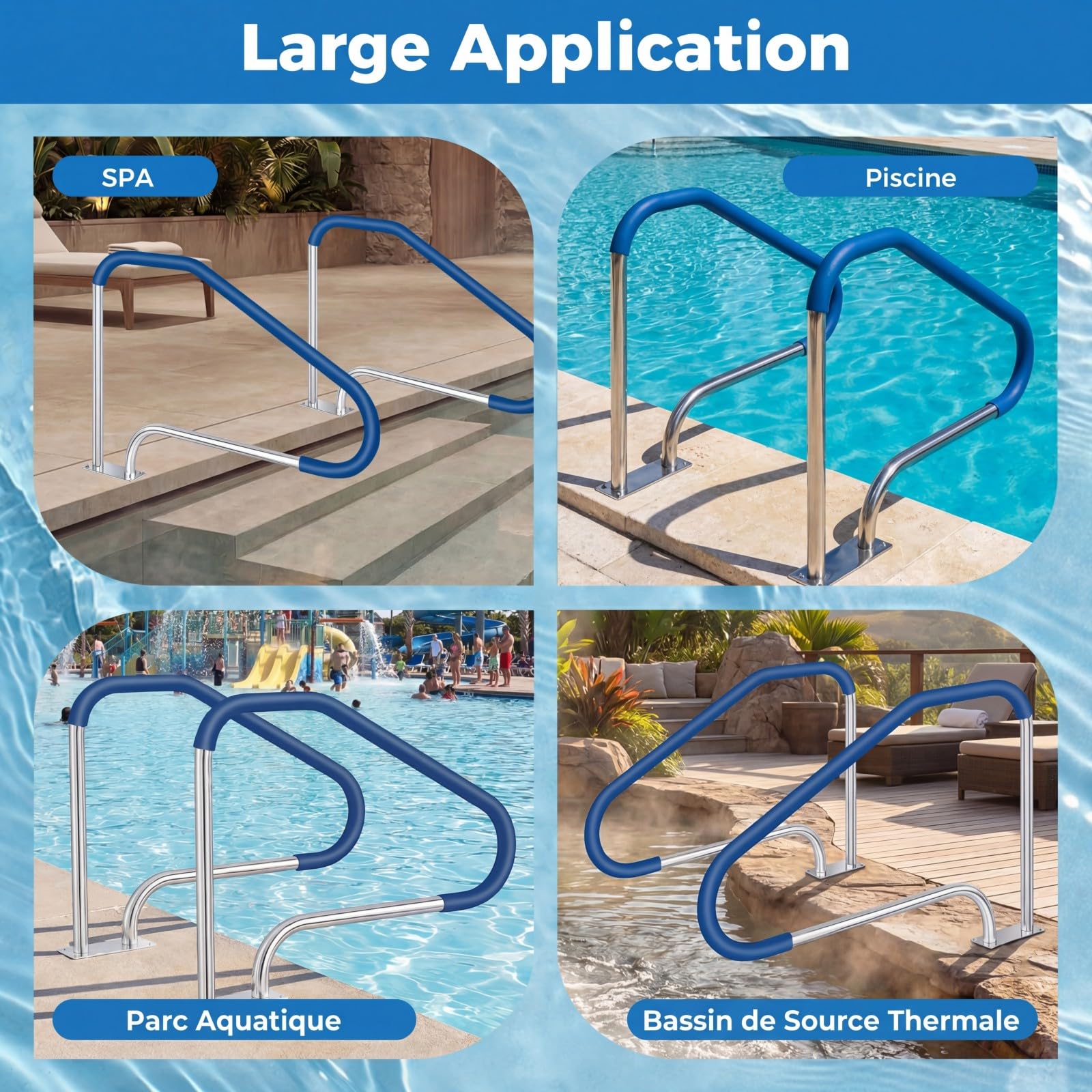 COSTWAY Rampe Piscine 119x79 cm, Charge 250 kg, Main Courante Piscine en Acier Inoxydable 304, Plaque de Base, Barre d'Appui de Sécurité, Housse Antidérapante, Accessoires, pour Spa Parc Aquatique (1)