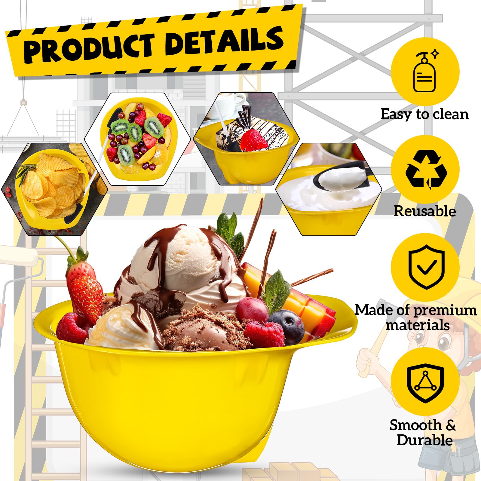 Uiifan Juego de 36 juegos de tazas de plástico para helado, tazas de yogur congelado con cucharas, sombrero de construcción resistente, helado para fiesta temática de construcción, regalo para niños