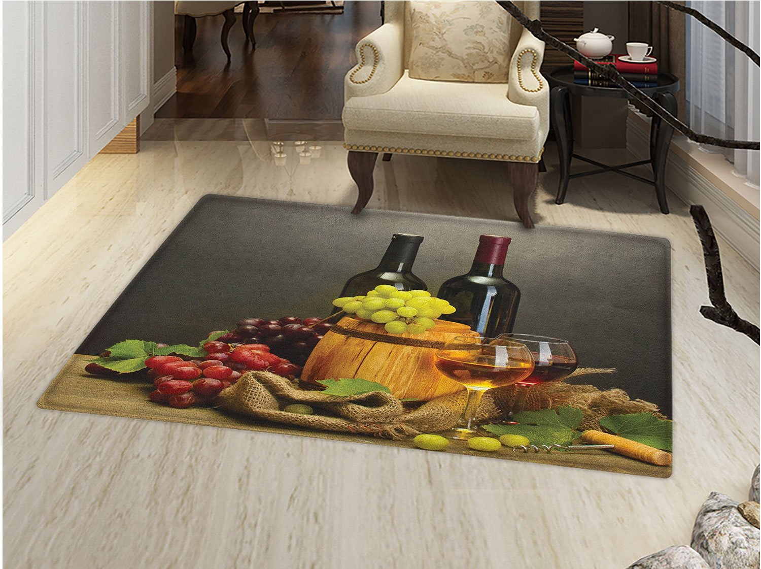 smallbeefly Winery Door Mats Area Rug Barrel Bottles and Glasses of Wine and Ripe Grapes on Wooden Table Picture Print Floor mat Bath Mat for tub Multicolor