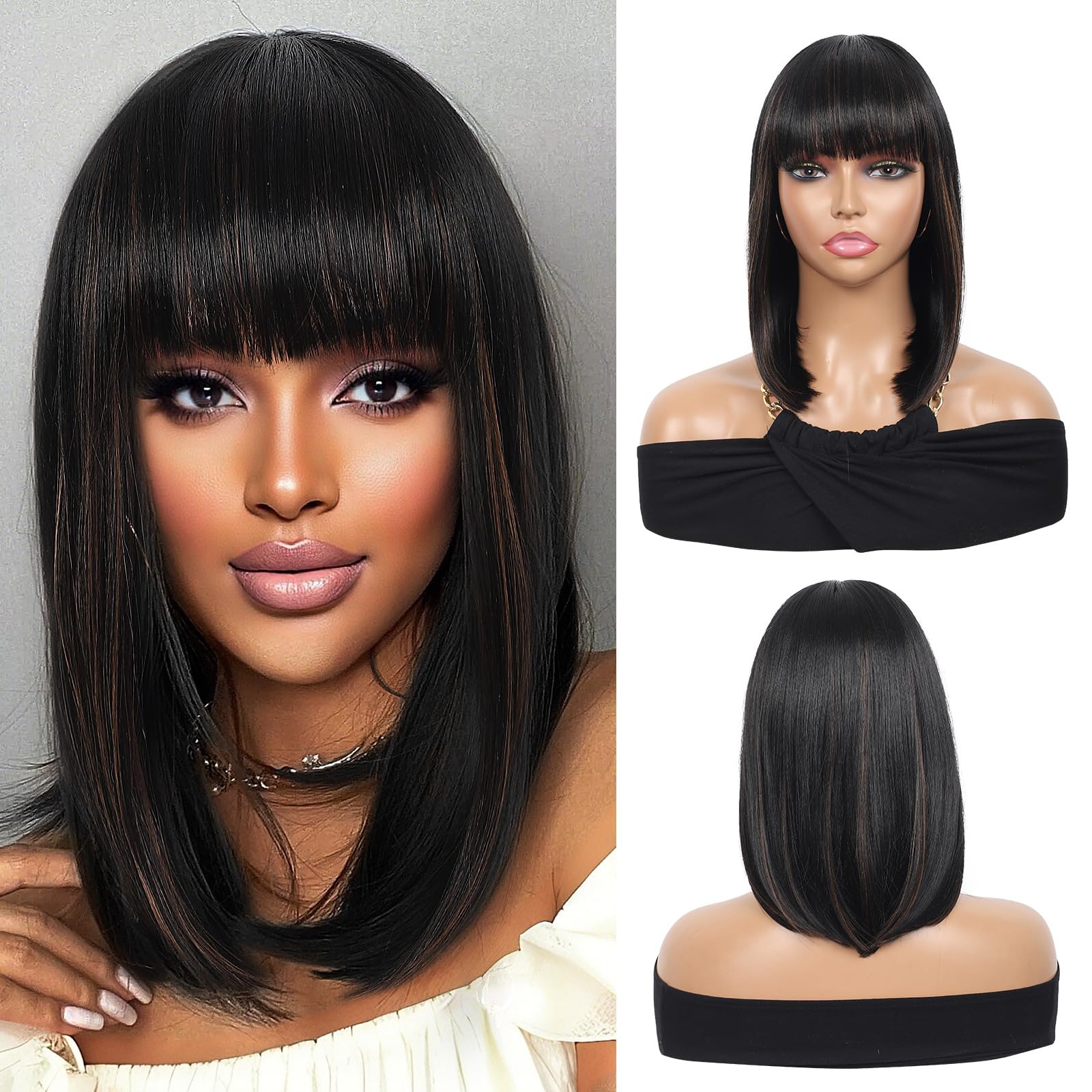 Kalyss Bob Wigs for Women Short Straight Bob Wig with Hair Bangs Natural Looking Heat Resistant Synthetic Hair Wigs for Women 13 Inches (Mix Black Brown)