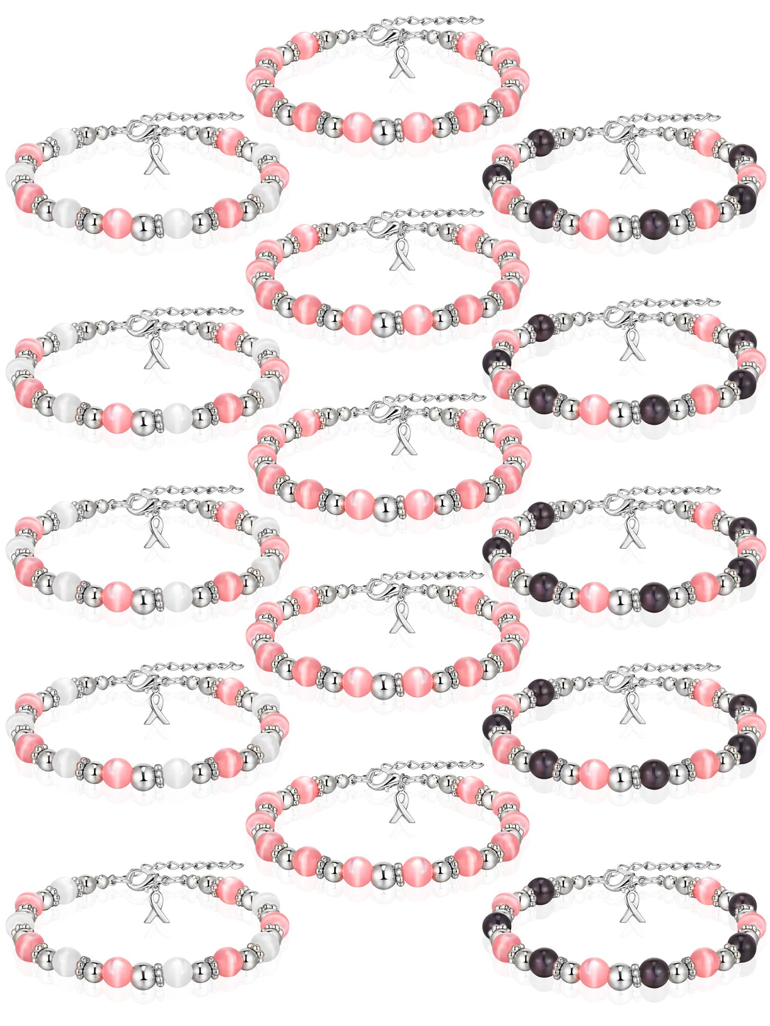 Ecally24 Pcs Breast Cancer Awareness Bracelet Pink Breast Cancer Beads Bracelets Ribbon Breast Cancer Bracelets, Adjustable, no gemstone