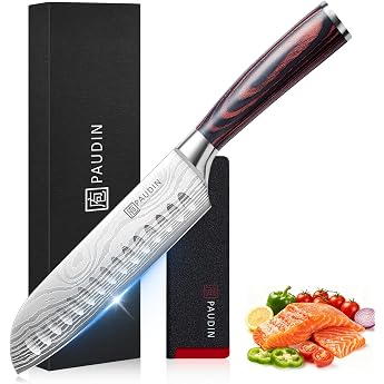 Paudin 5Cr15Mov Kitchen Knife Chef's Knife Utility Knife Made of German Stainless Steel | Allround Santoku with non-stick coo