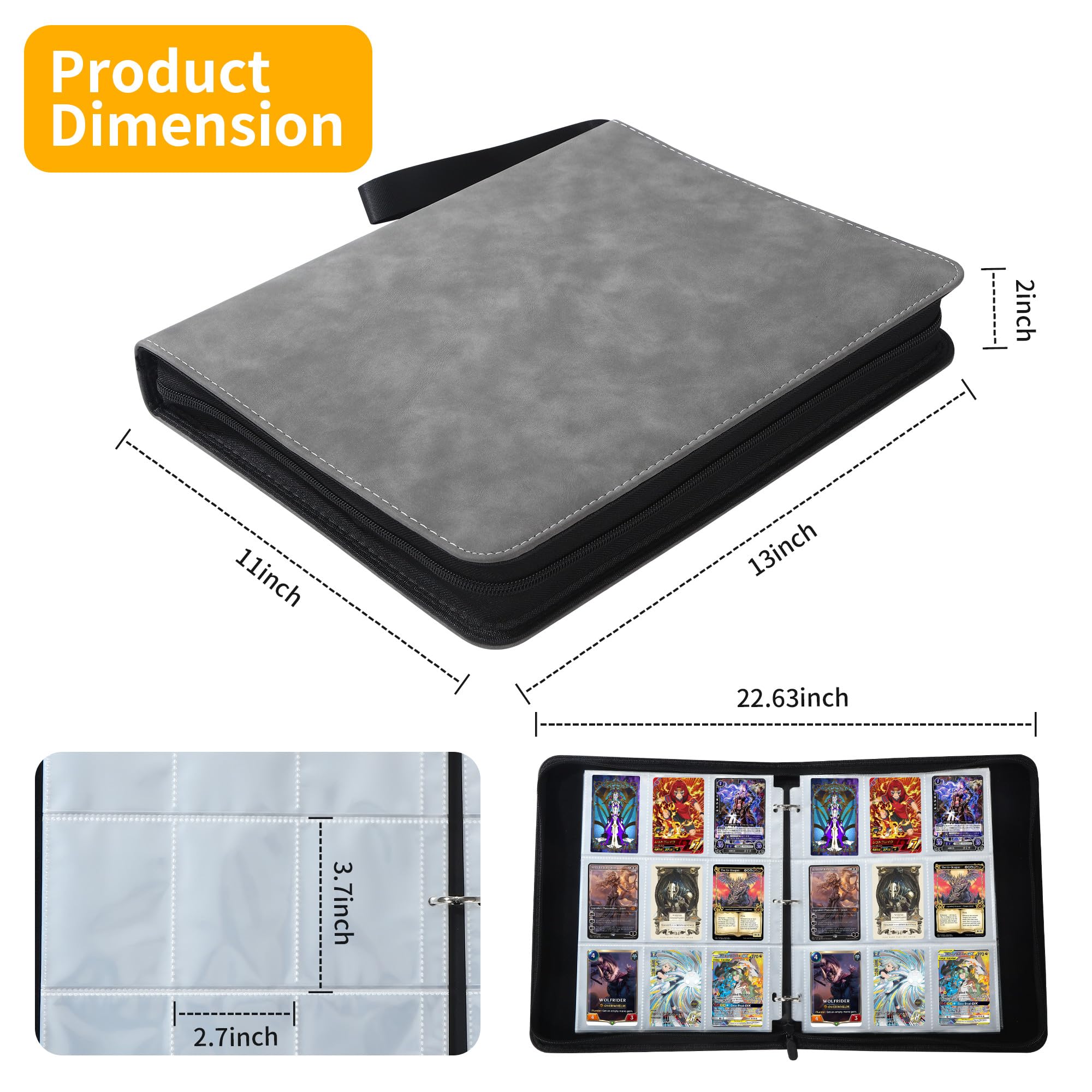 Raccoglitore Carte Magic,900 Tasche Album Porta Carte,50 Pagine Raccoglitore di Carte con cerniera,Grande capacità, adatto per le carte di gioco preferite (B-Grigio-02)