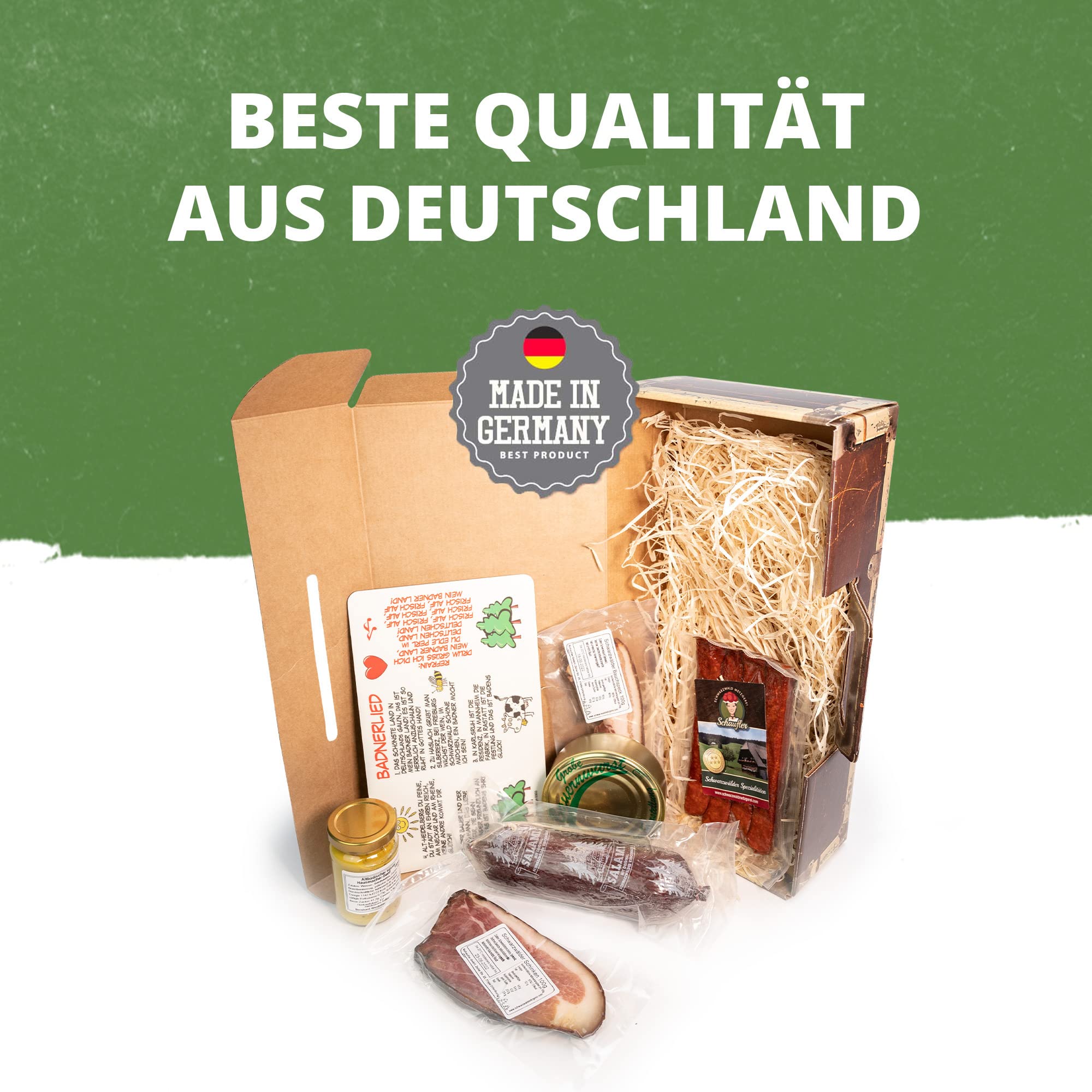 Koffer "Badnerlied" - Geschenkkorb mit Brettchen - Schinken und Salami 7 Teile - Präsentkorb mit Vesperbrett und Badnerlied Aufdruck