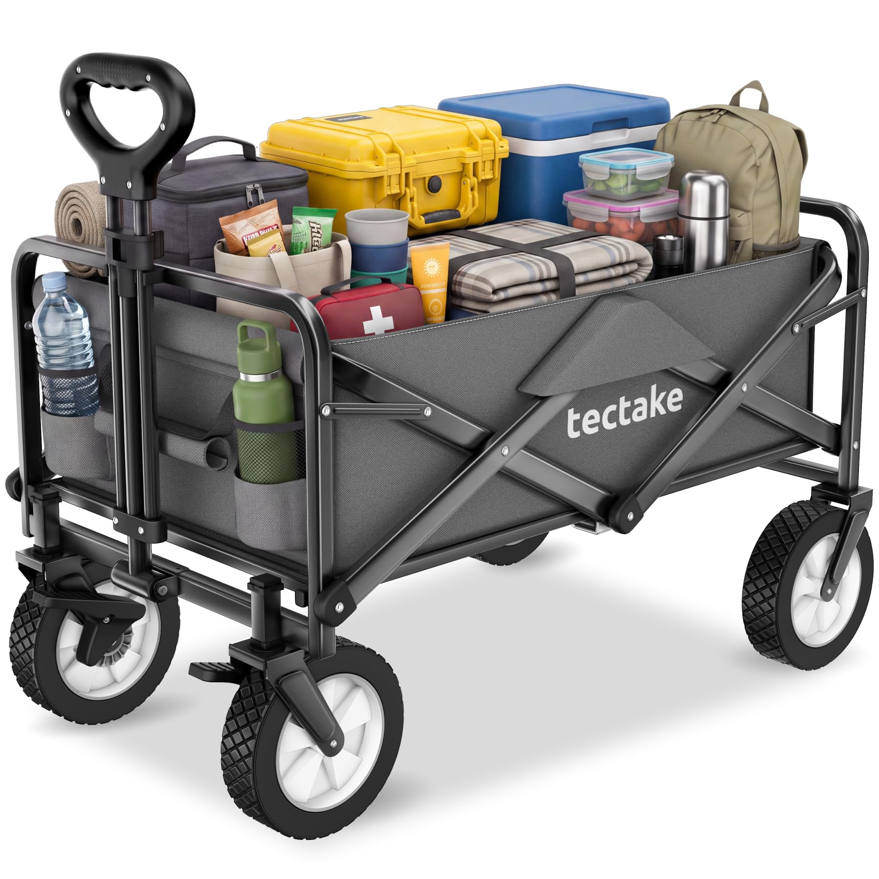 tectake Bollerwagen faltbar, Transportwagen klappbar, mit Tasche, Handwagen zum Ziehen, breite Gummireifen, Faltbarer Trolley zum Transport, für den Strand, im Garten, belastbar bis 80kg